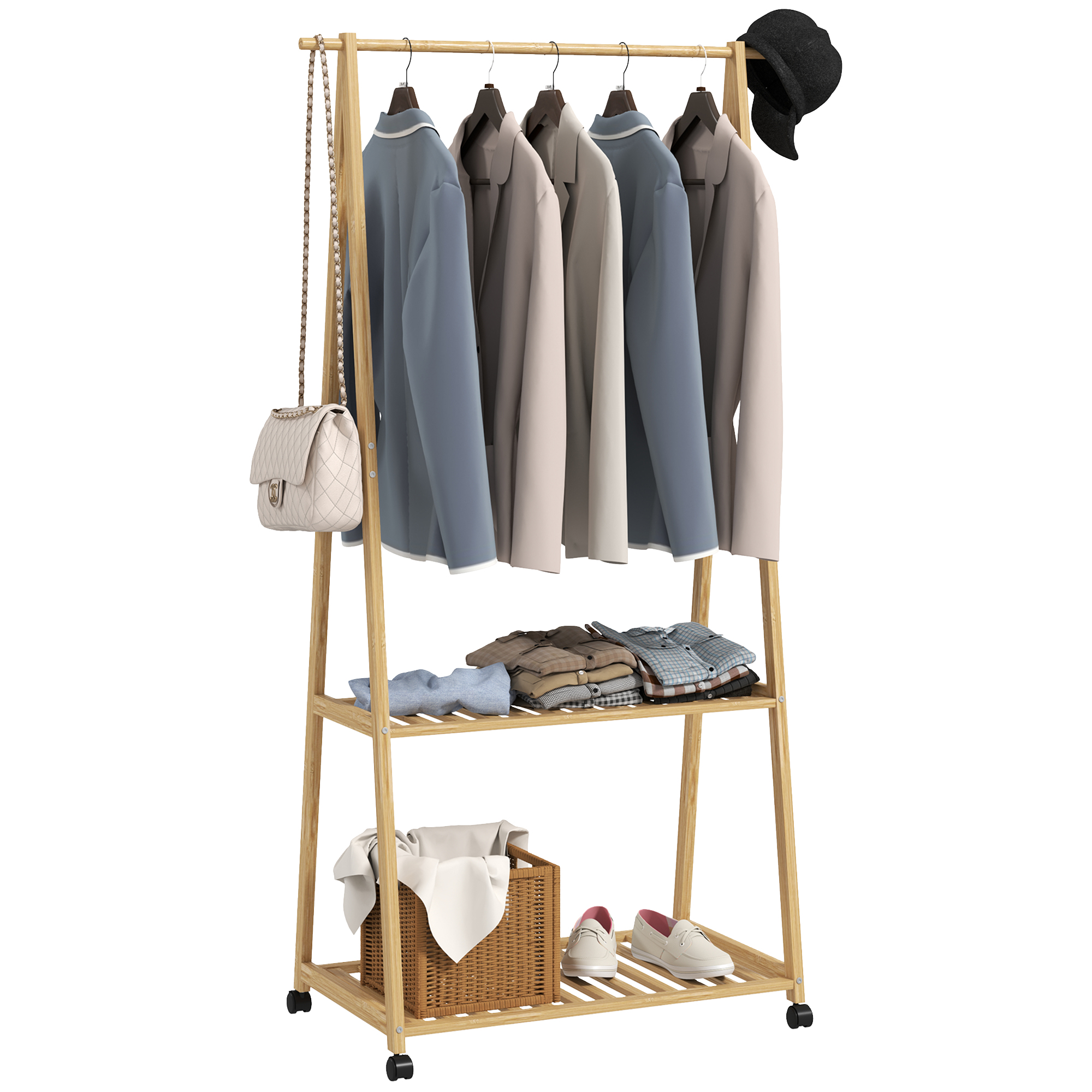 HOMCOM Suport pentru Haine din Bambus cu Roți 2 Rafturi Deschise și 2 Găuri 84,5x43,5x158 cm Natural | Aosom Romania