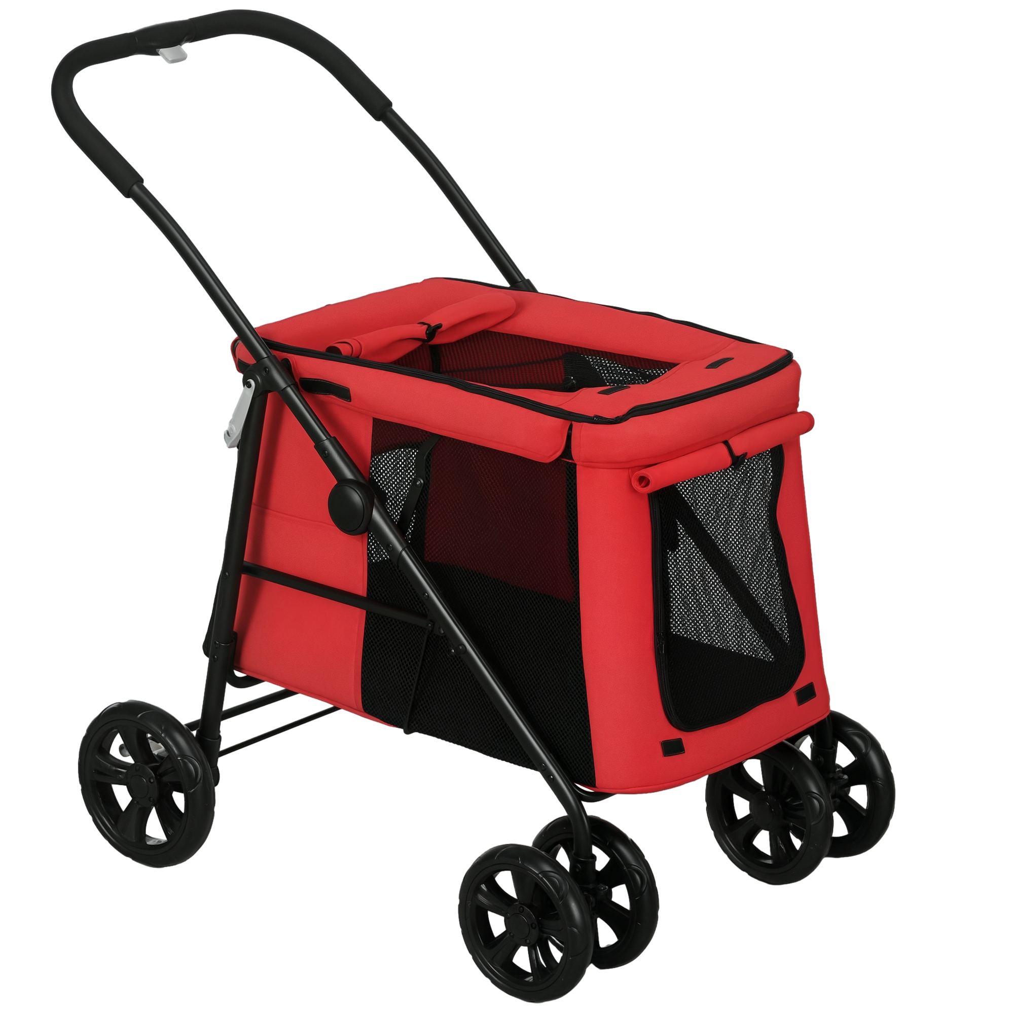 PawHut Cărucior pliabil pentru animale câini pisici cu pernă inclusă, roți cu frână, material textil Oxford 600D, 102 x 62 x 105 cm, roșu | Aosom Roma