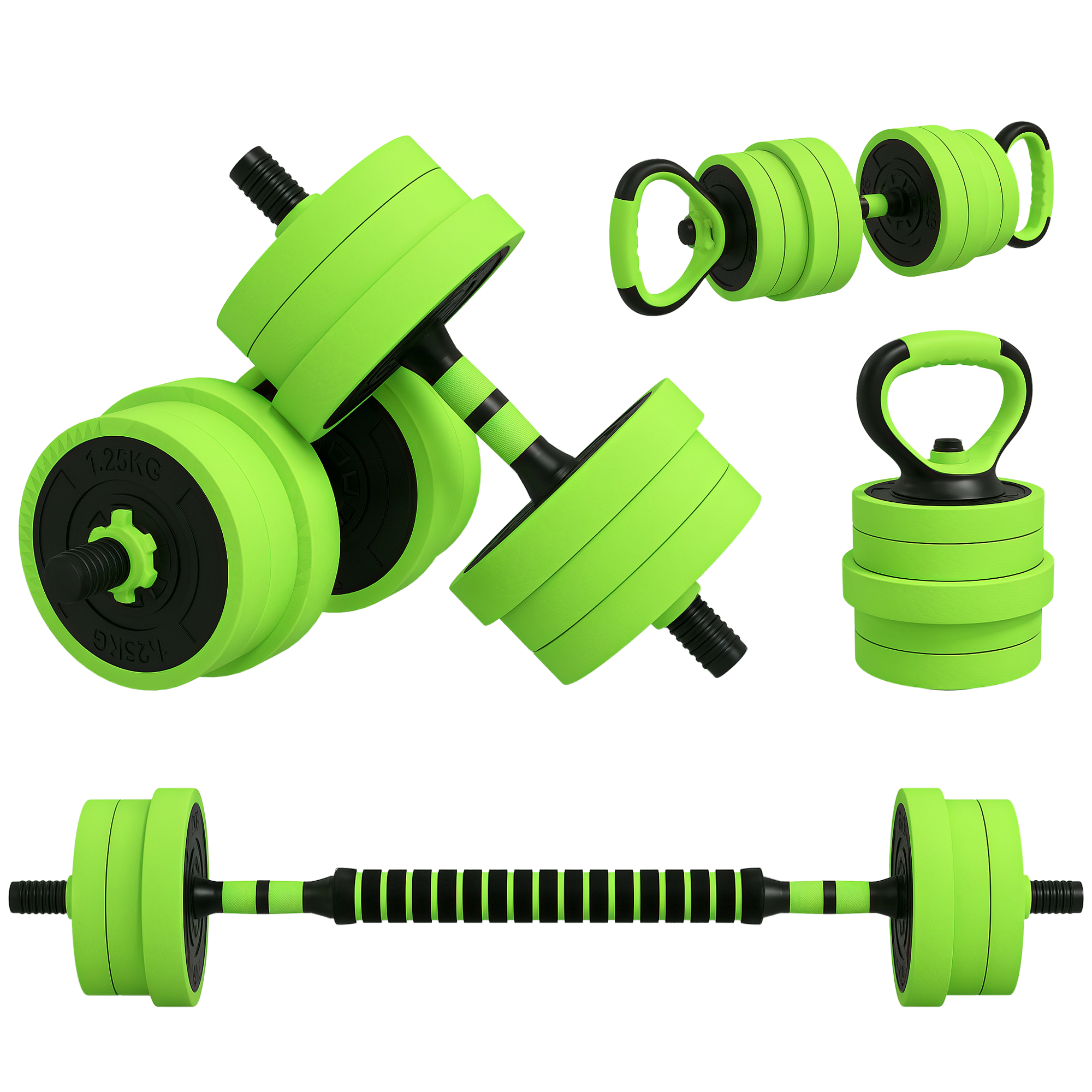 SPORTNOW Set de 4 in 1 cu Gantere 20 kg reglabile Gantera si bara de tractare Kettlebell si manere pentru flotari Verde | Aosom Romania