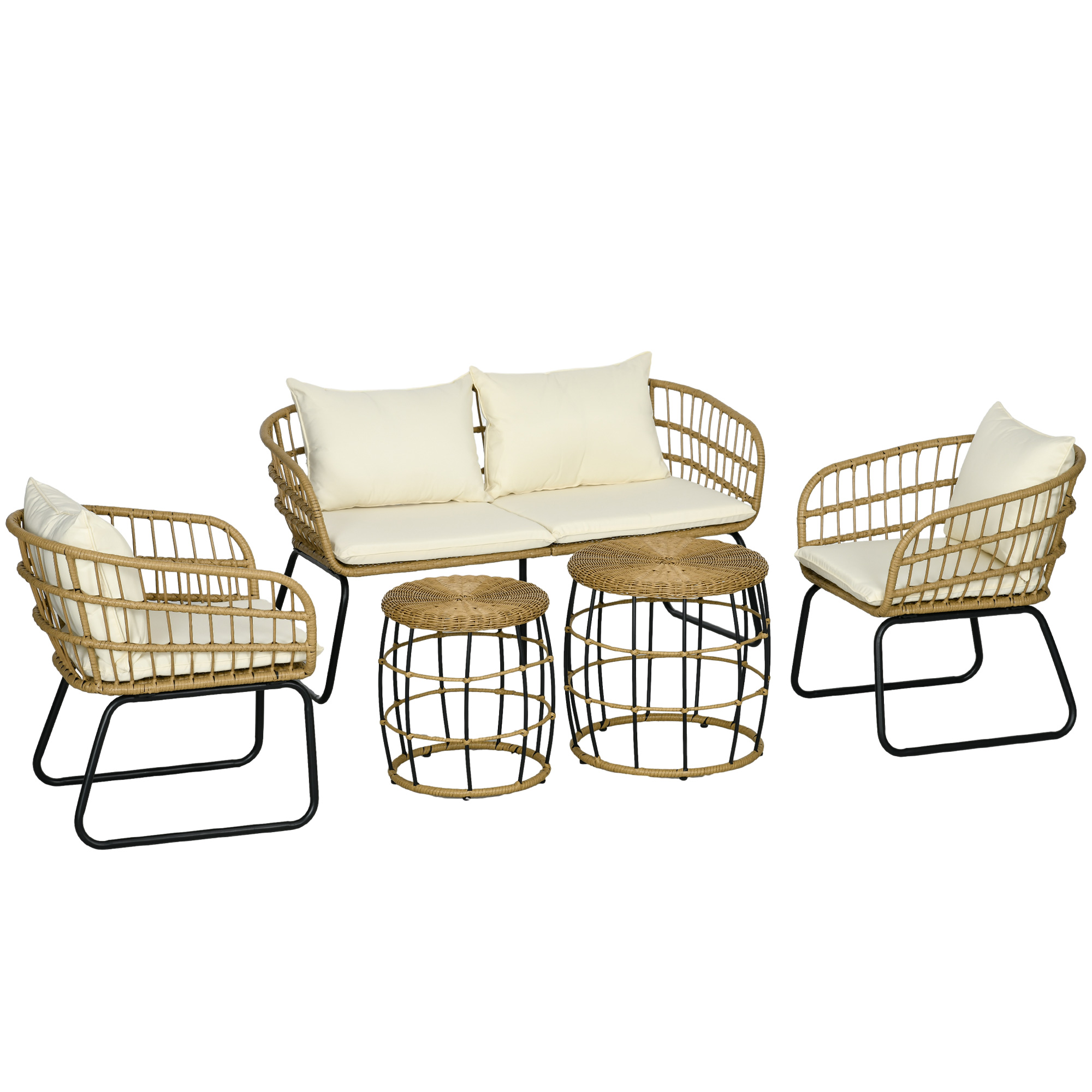 Outsunny Set de mobilier de grădină din răchită, Set de lounge pentru exterior, Stil Boho, Set de 5 piese, 145 x 70 x 78 cm, Crem + Natur + Negru | Aosom Romania