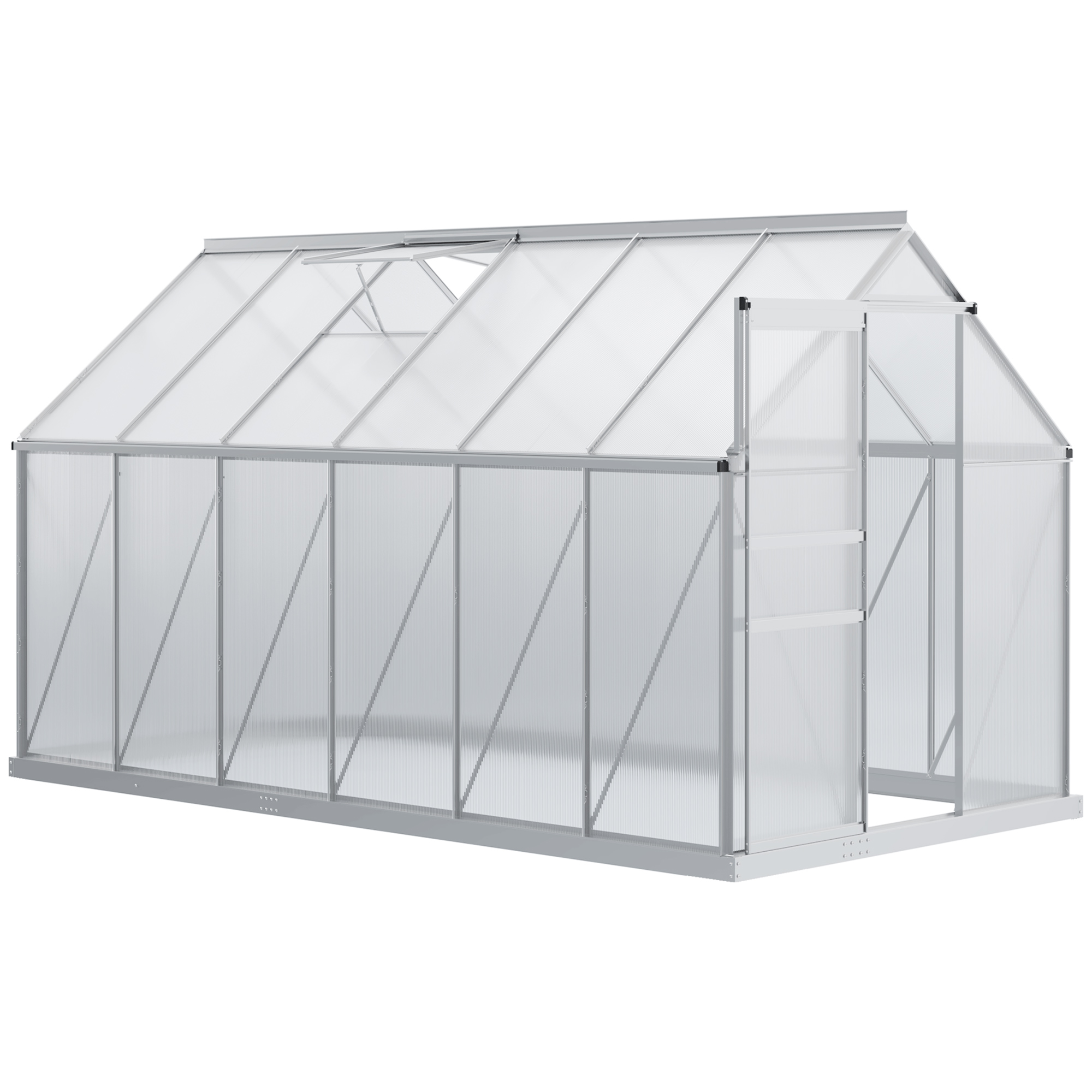 Outsunny Seră de Grădină din Policarbonat 7,1 m² dim. 1,9L x 3,75l x 1,99 m cu Fundație, Fereastră de Ventilație Reglabilă, Ușă Glisantă - Argintiu și Transparent | Aosom Romania