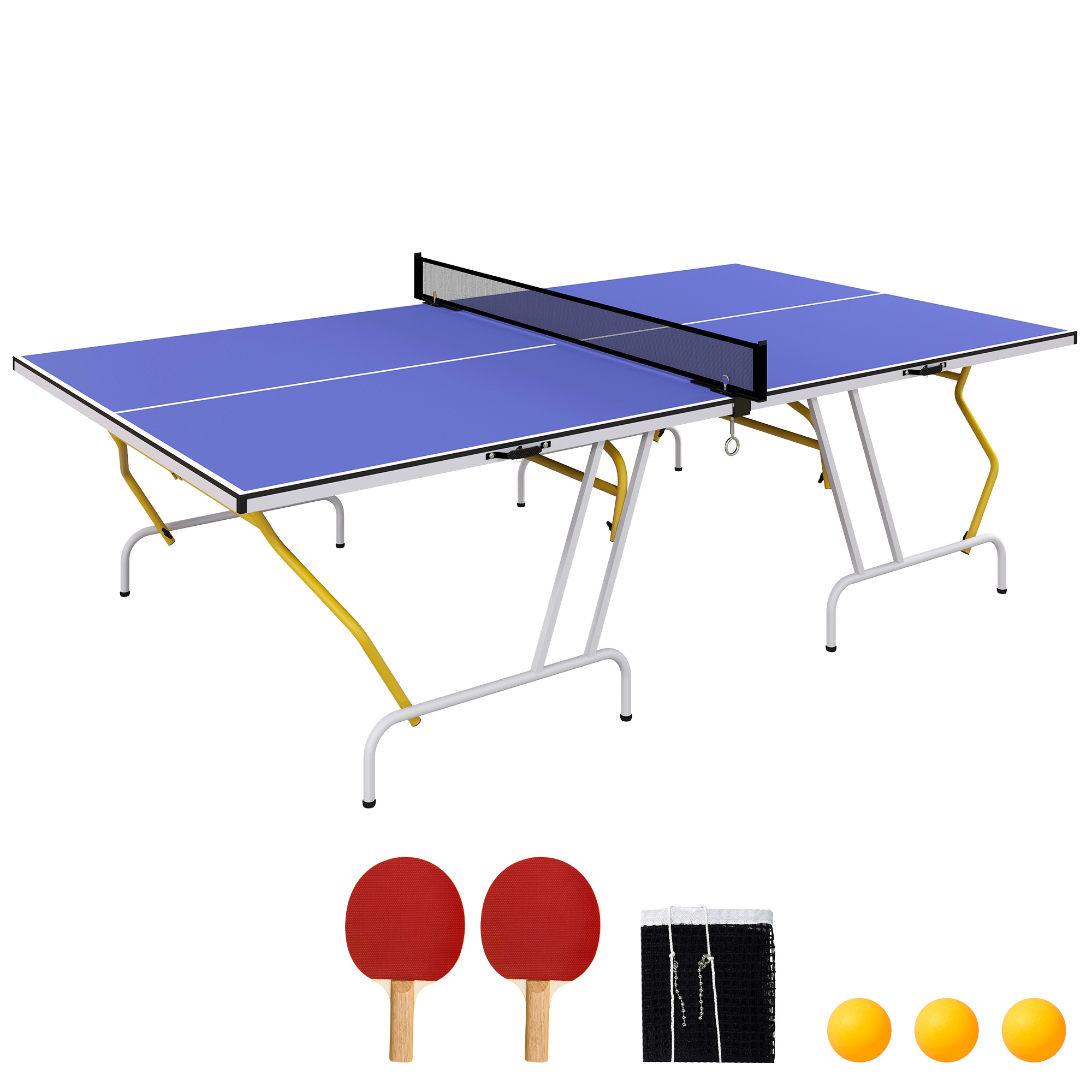 SPORTNOW Masa de Tenis de Masă pliabilă, inclusiv 2 rachete, 3 mingi, plasă, interior și exterior, cadru metalic, 274x152x76cm, Albastru | Aosom Romania