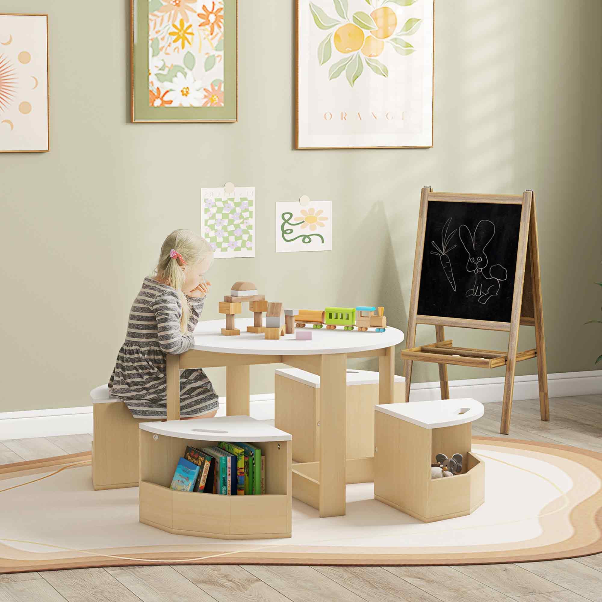 AIYAPLAY Five-Piece Kids Table and Chairs Set with Storage, for Ages 3-8 Years, White 2