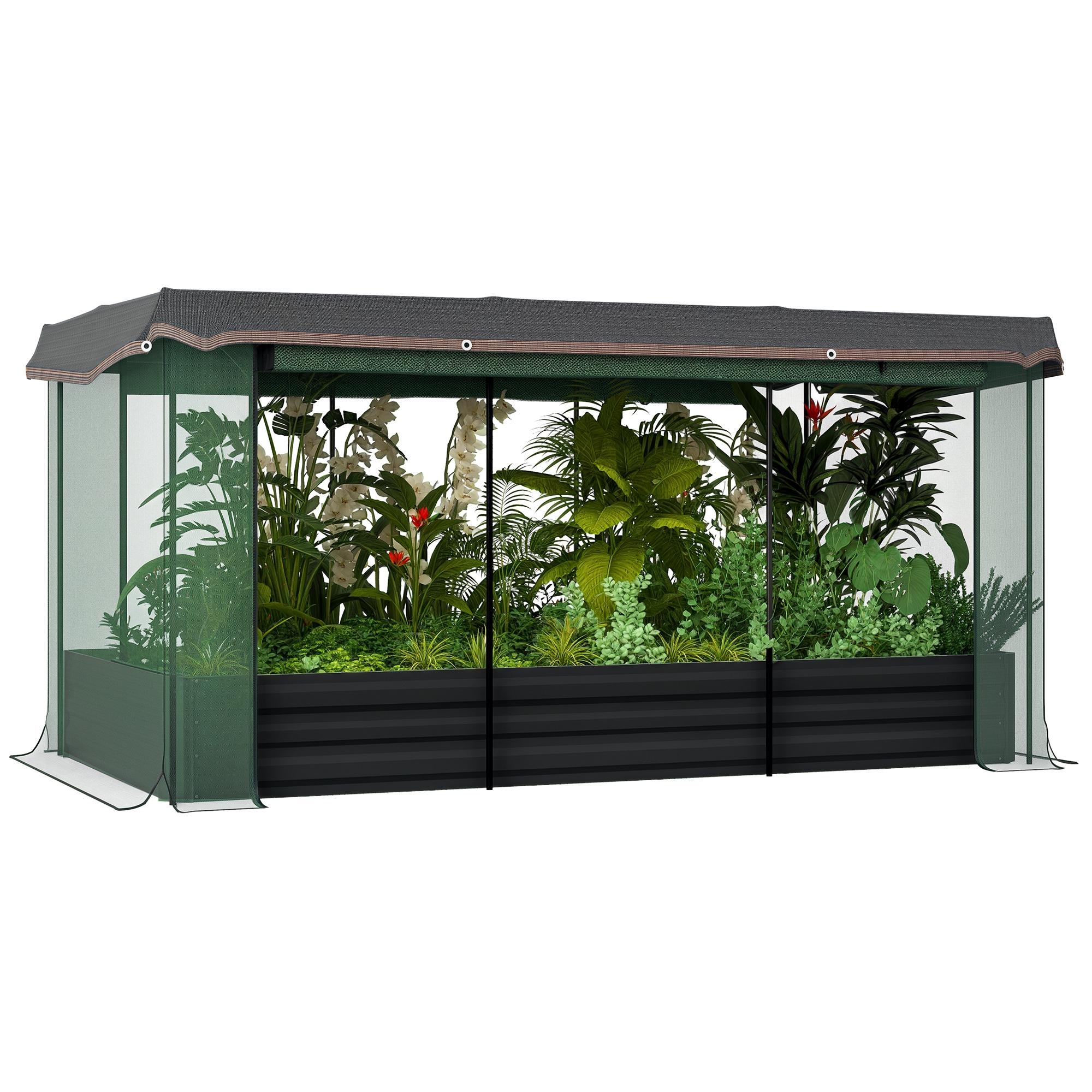 Outsunny Pat înalt cu plasă de protecție pentru păsări și protecție solară, carcasă metalică, 230x110x110 cm, Gri/Verde/Negru | Aosom Romania