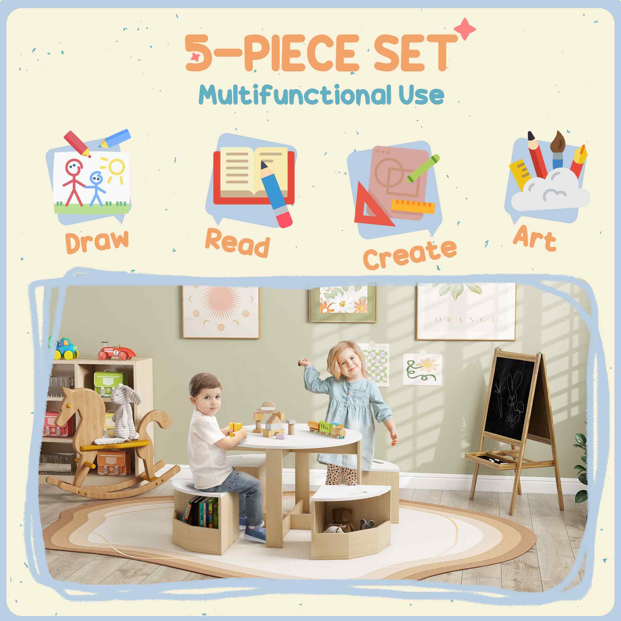 AIYAPLAY Five-Piece Kids Table and Chairs Set with Storage, for Ages 3-8 Years, White 4
