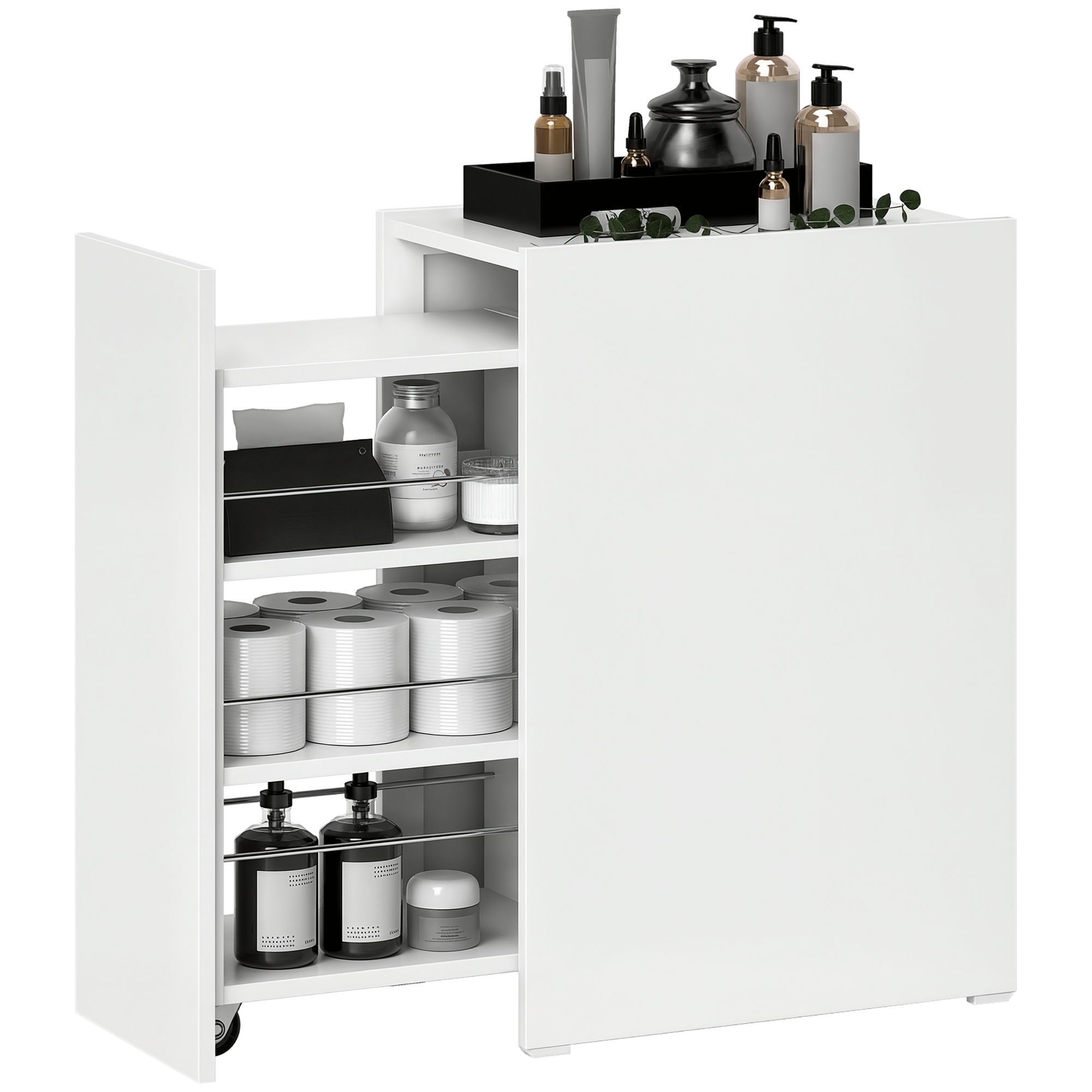 HOMCOM Mobilier de baie compact și îngust cu sertar pe role, 3 compartimente, 47 x 30 x 66,5 cm, alb | Aosom Romania