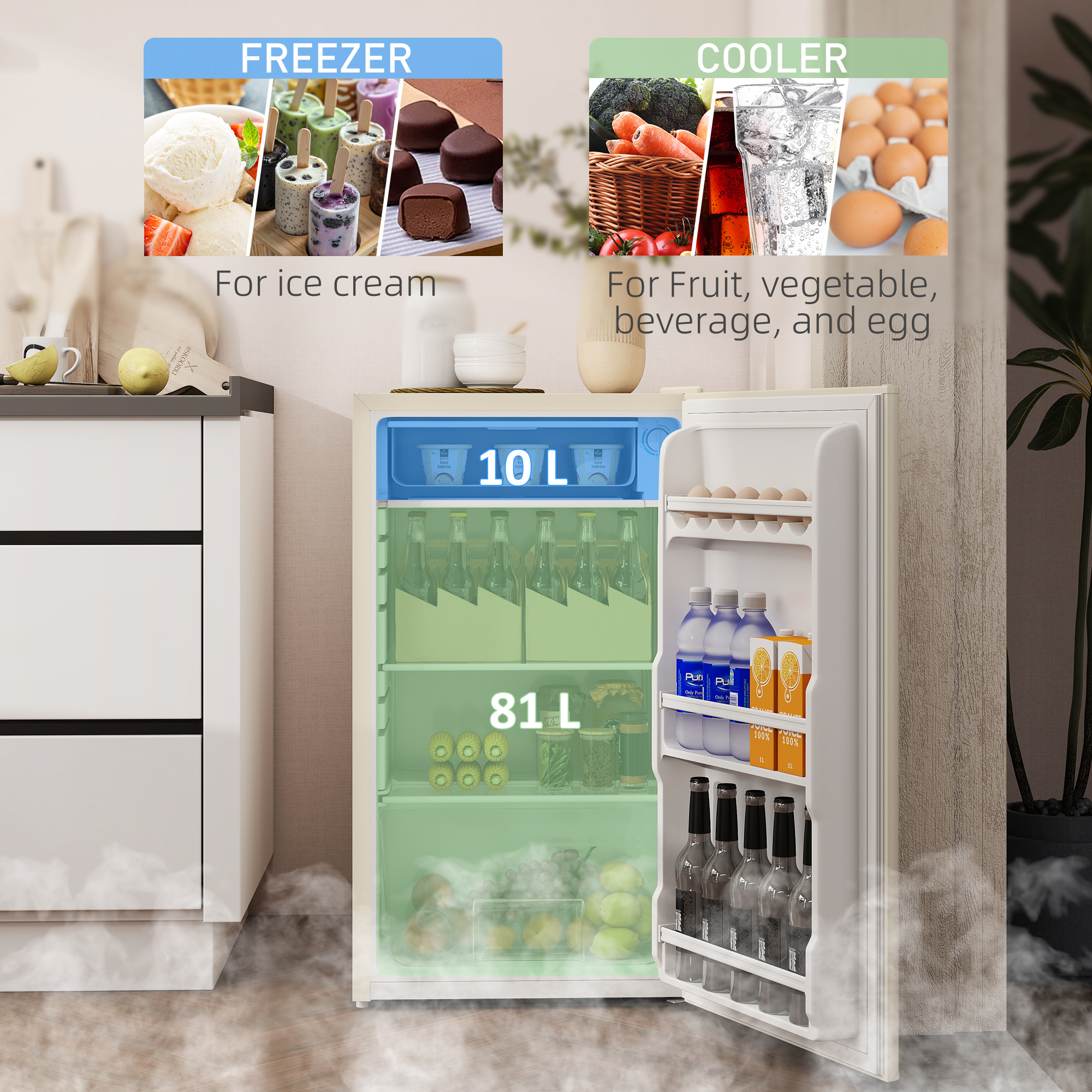 HOMCOM 91 Litre Freestanding Under Counter Fridge Freezer, Small Fridge with Chiller Box, Adjustable Thermostat, 47.5cm Wide, Beige 4