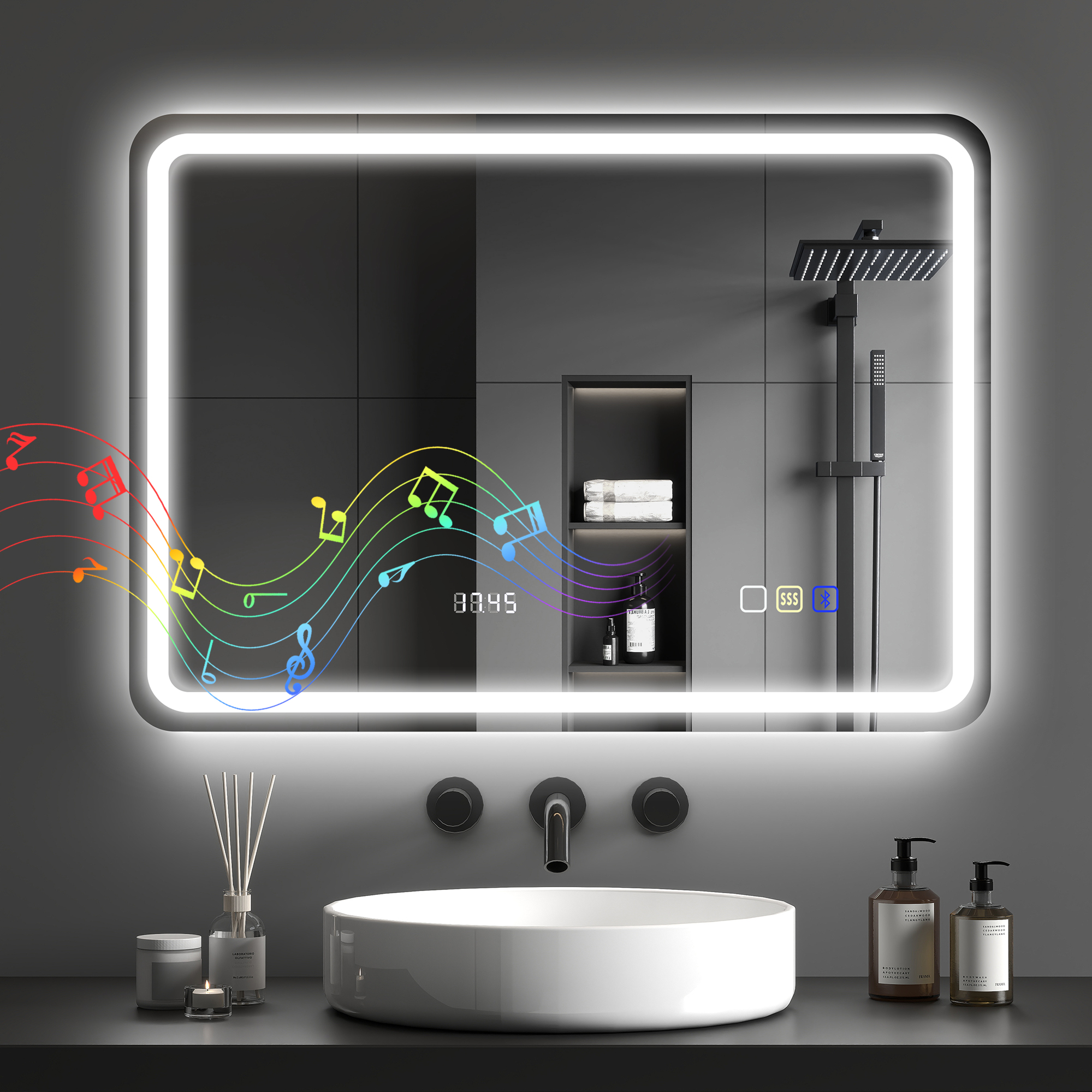 HOMCOM Oglindă de Baie cu LED 70x50 cm cu Bluetooth 3 Culori de Lumină Ceas Digital Funcție Antighear Funcție de Memorie | Aosom Romania