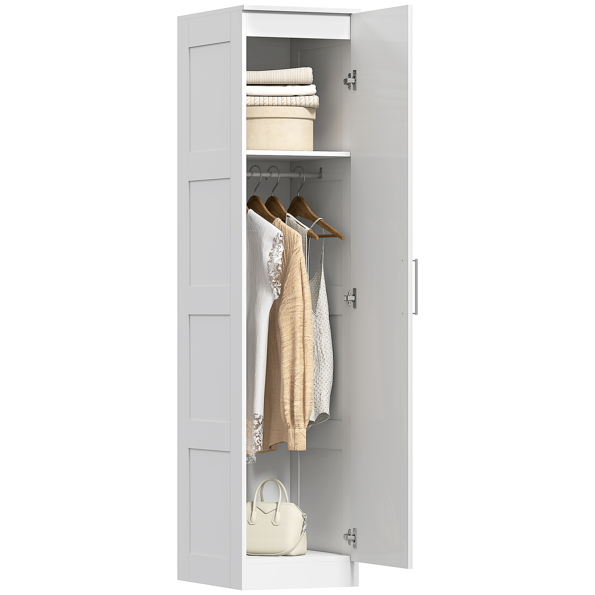 HOMCOM Șifonier Multifuncțional cu Șină pentru Haine, Raft, Ușă cu Închidere Ușoară 40 x 52 x 180 cm Alb | Aosom Romania