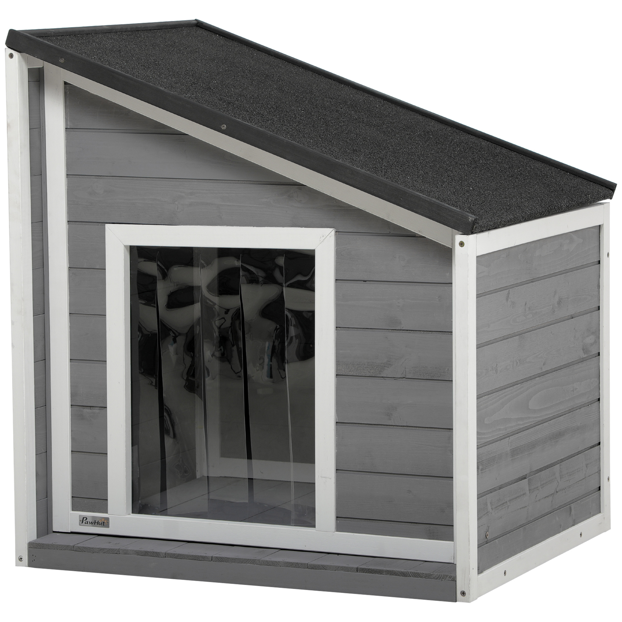 PawHut Hundehütte din lemn masiv, rezistent la intemperii, acoperiș din șindrilă, 71 cm x 58 cm x 77 cm, Gri + Alb | Aosom Romania
