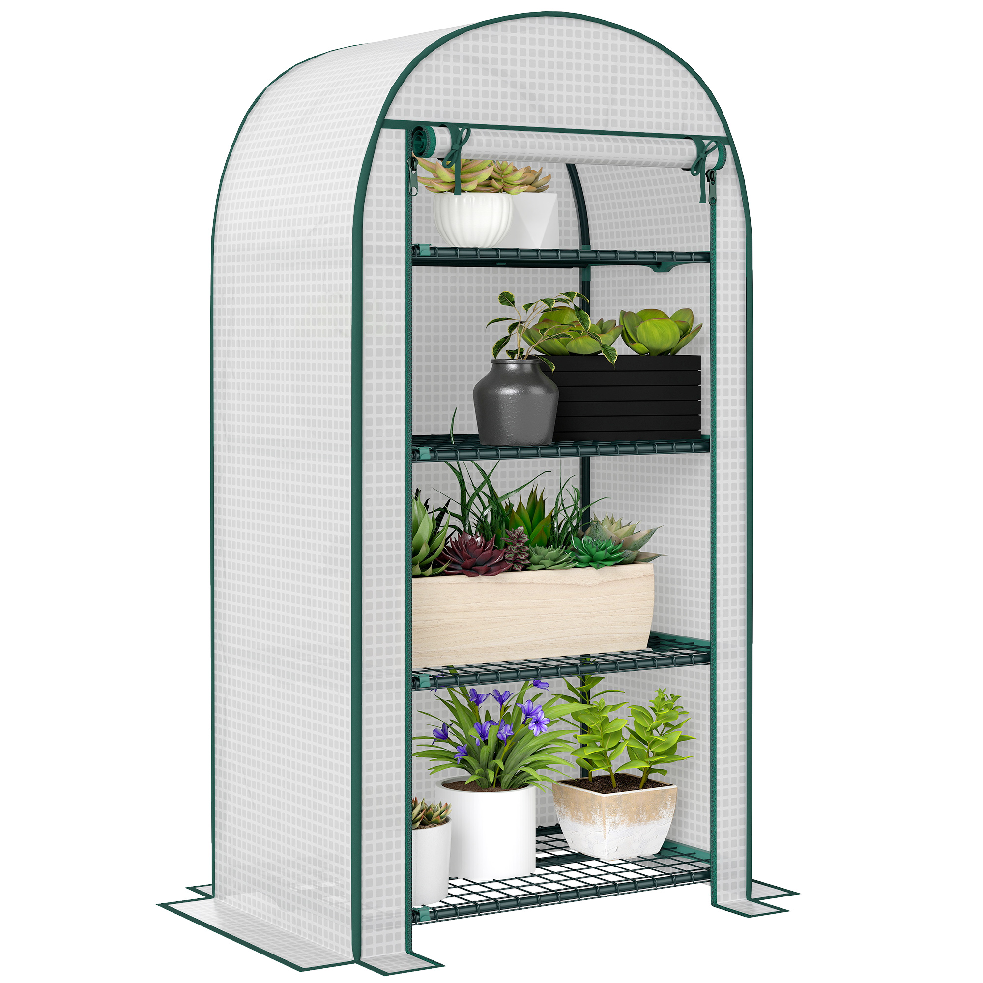 Outsunny Seră de grădină seră de balcon rezistentă la UV ușă rolo 4 rafturi acoperiș PE 80 x 50 x 160 cm alb | Aosom Romania