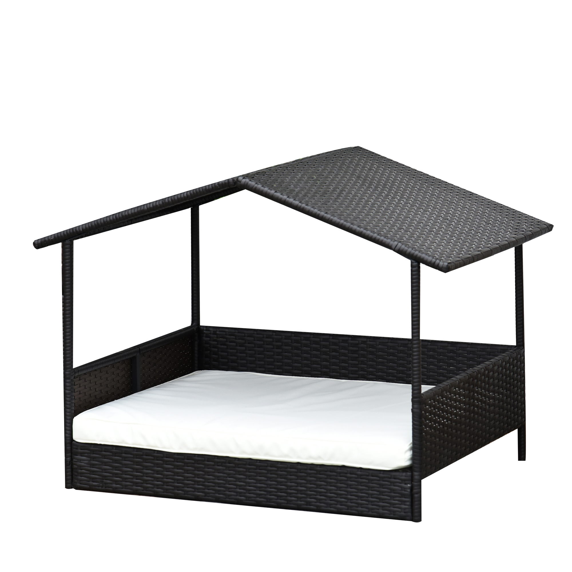 PawHut Pat Ratan pentru Câini cu Acoperiș pentru Exterior, Pat ridicat pentru câini mici și medii, Pat răcoros pentru Animale de Companie cu Cadru din Metal, Pat pentru Exterior, 69 x 98 x 70 cm, Cafea-Brun | Aosom Romania