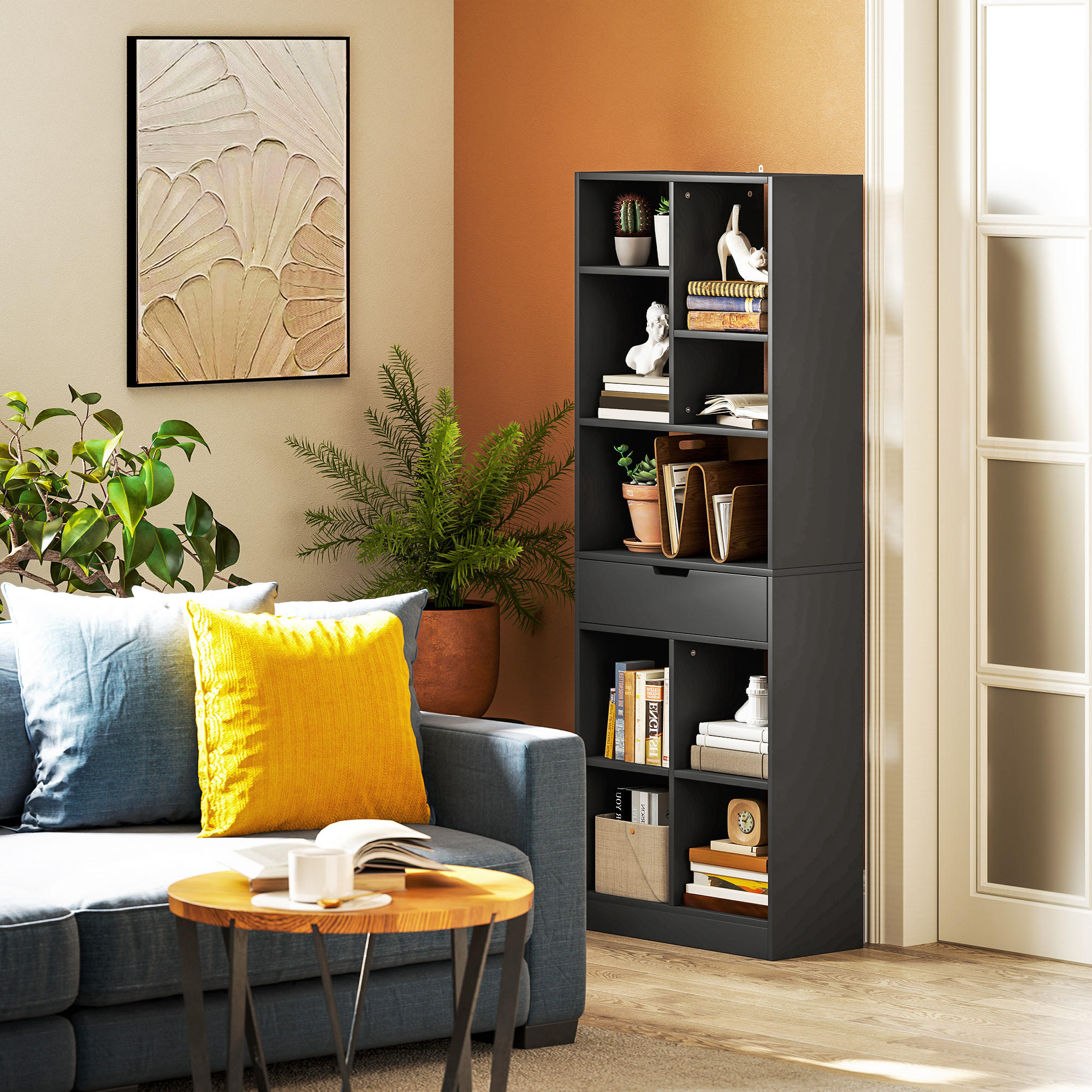 HOMCOM Bücherregal mit zentralem Schubfach und offenen Regalen, freistehend günstig online kaufen