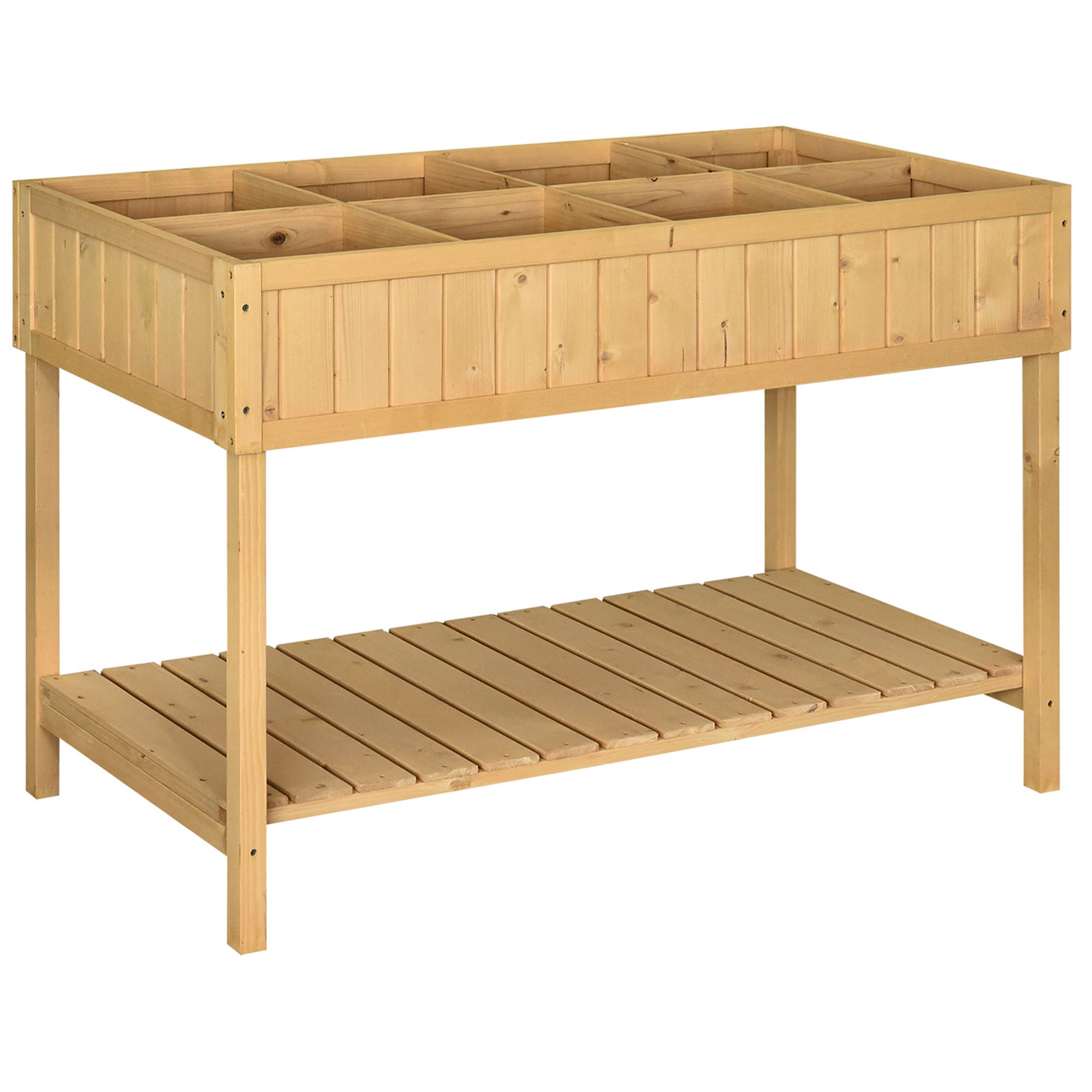 Outsunny Jardiniere pe picioare pătrată Potager cu raft dim. 110L x 46l x 76H cm 8 Compartimente & Insertii de irigare Lemn de Brad | Aosom Romania