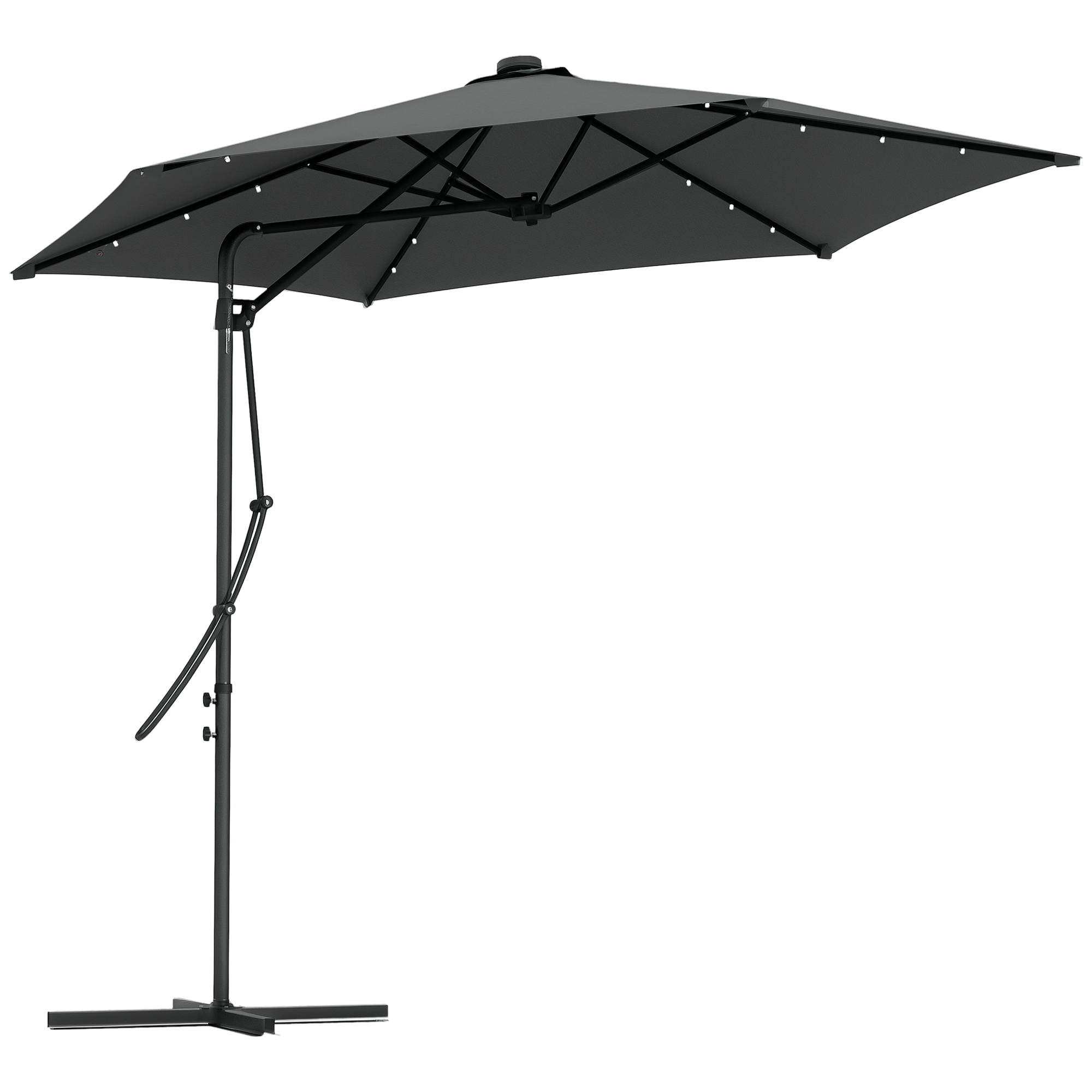 Outsunny Umbrelă Excentrică de 3 m cu Lumini LED cu Manivelă și Bază în Cruce pentru Exterior Patio Terasă Gri Închis | Aosom Romania
