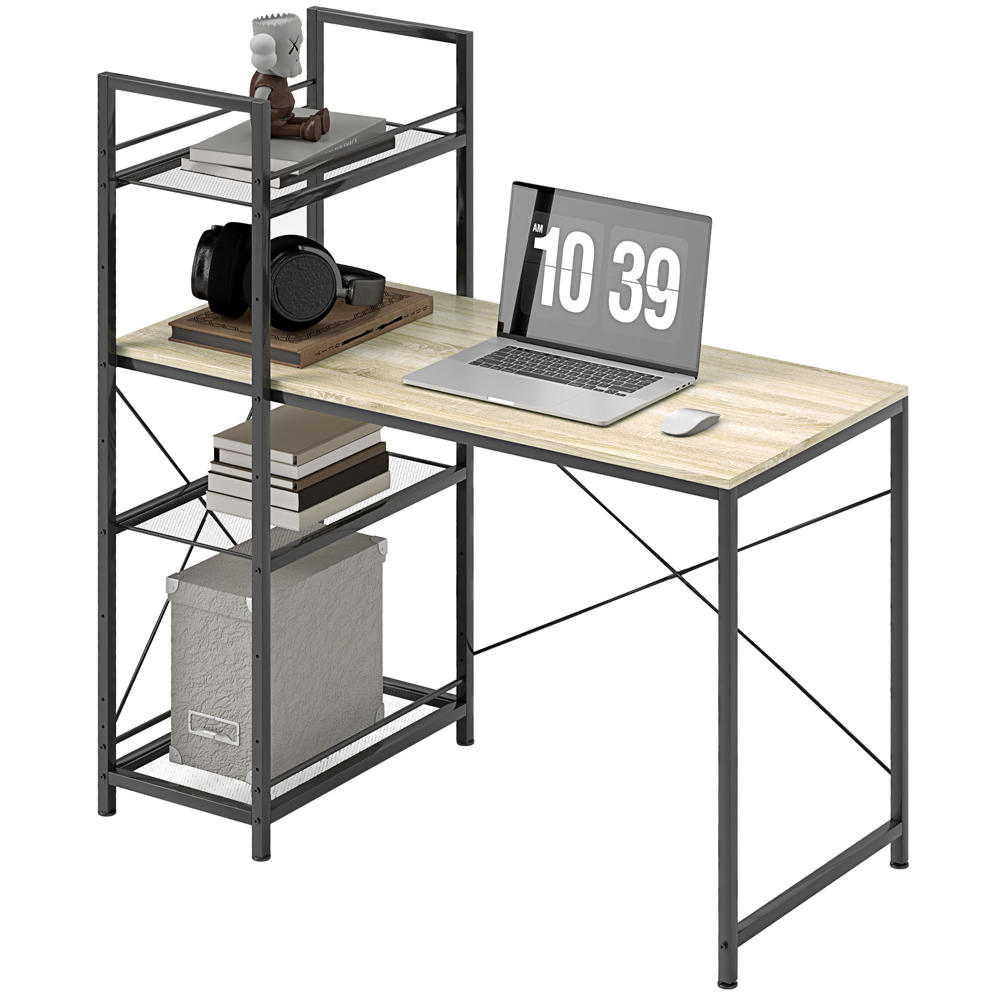 HOMCOM Birou de calculator cu raft reversibil cu 4 niveluri, masă de calculator, cadru din oțel 110 x 53 x 115,5 cm stejar negru | Aosom Romania