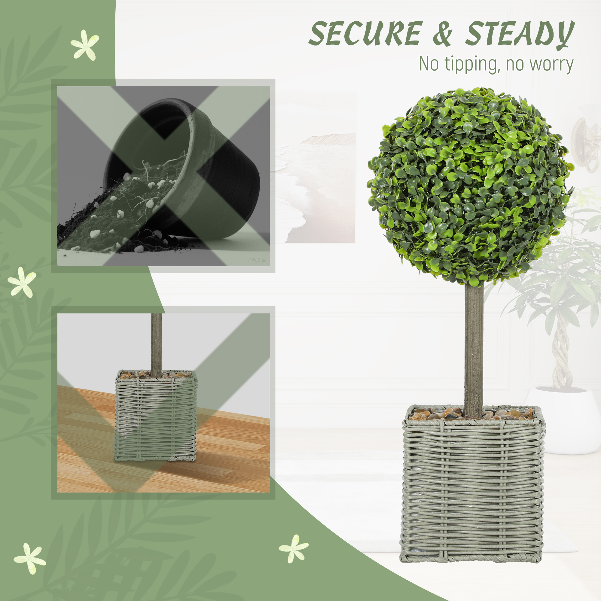 HOMCOM Set of 2 Decorative Artificial Plants, 50cm Faux Boxwood Topiary Balls with Woven Plastic Pot and Pebbles, Fake Plants for Home or Office Decor, Green 7