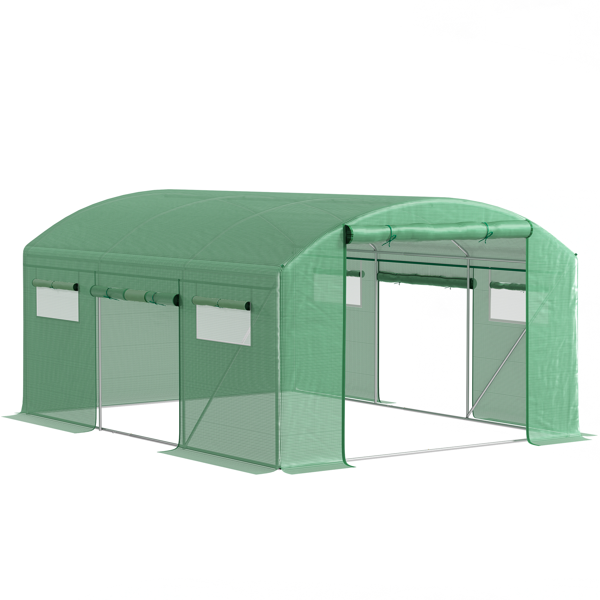 Outsunny Invernadero de Túnel 4x3x2 m con 6 Ventanas 3 Puertas Enrollables Cubierta de PE y Estructura de Acero Galvanizado Verde