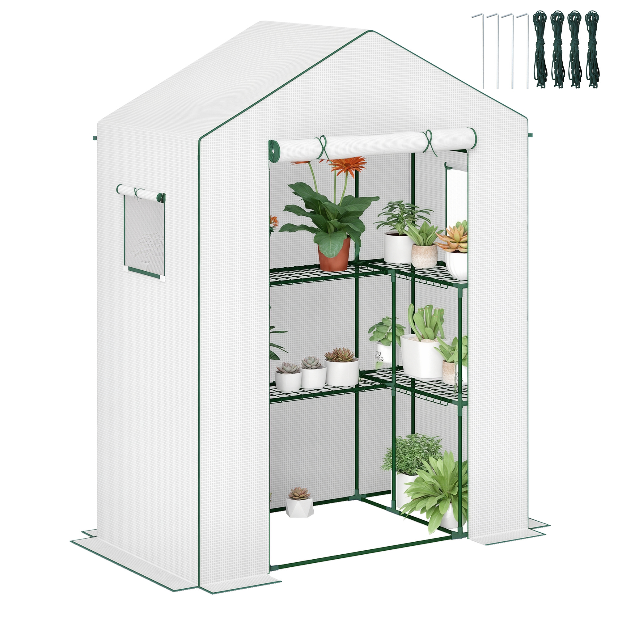 Outsunny Seră de grădină cu 1 ușă, 2 ferestre și 2 rafturi în formă de U pentru legume, plante, flori, copertină PE 140x73x190 cm | Aosom Romania