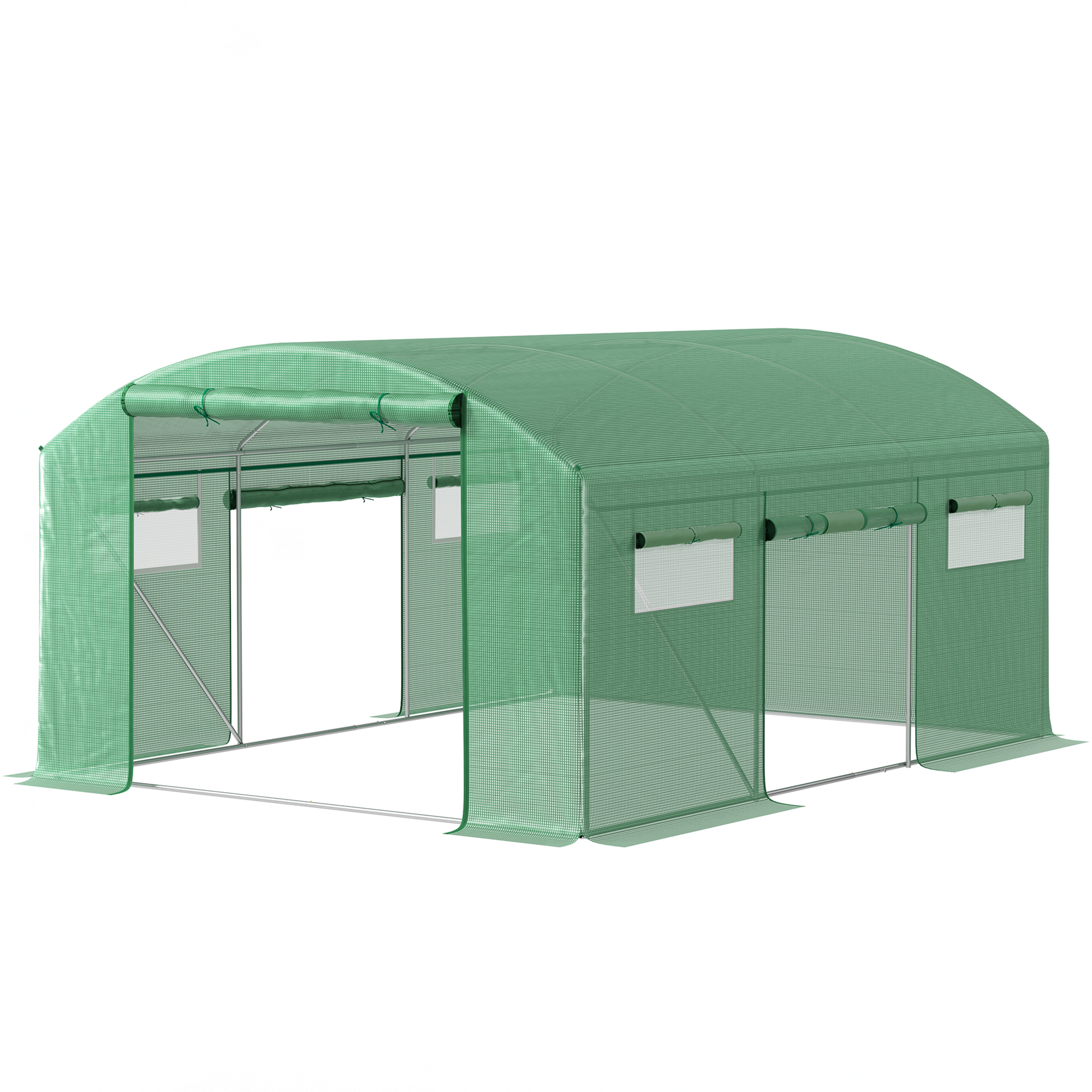 Outsunny Serre Tunnel 4x3x2 m avec 6 Fenêtres 3 Portes à Enroulement Couverture de PE et Structure en Acier Galvanisé Vert