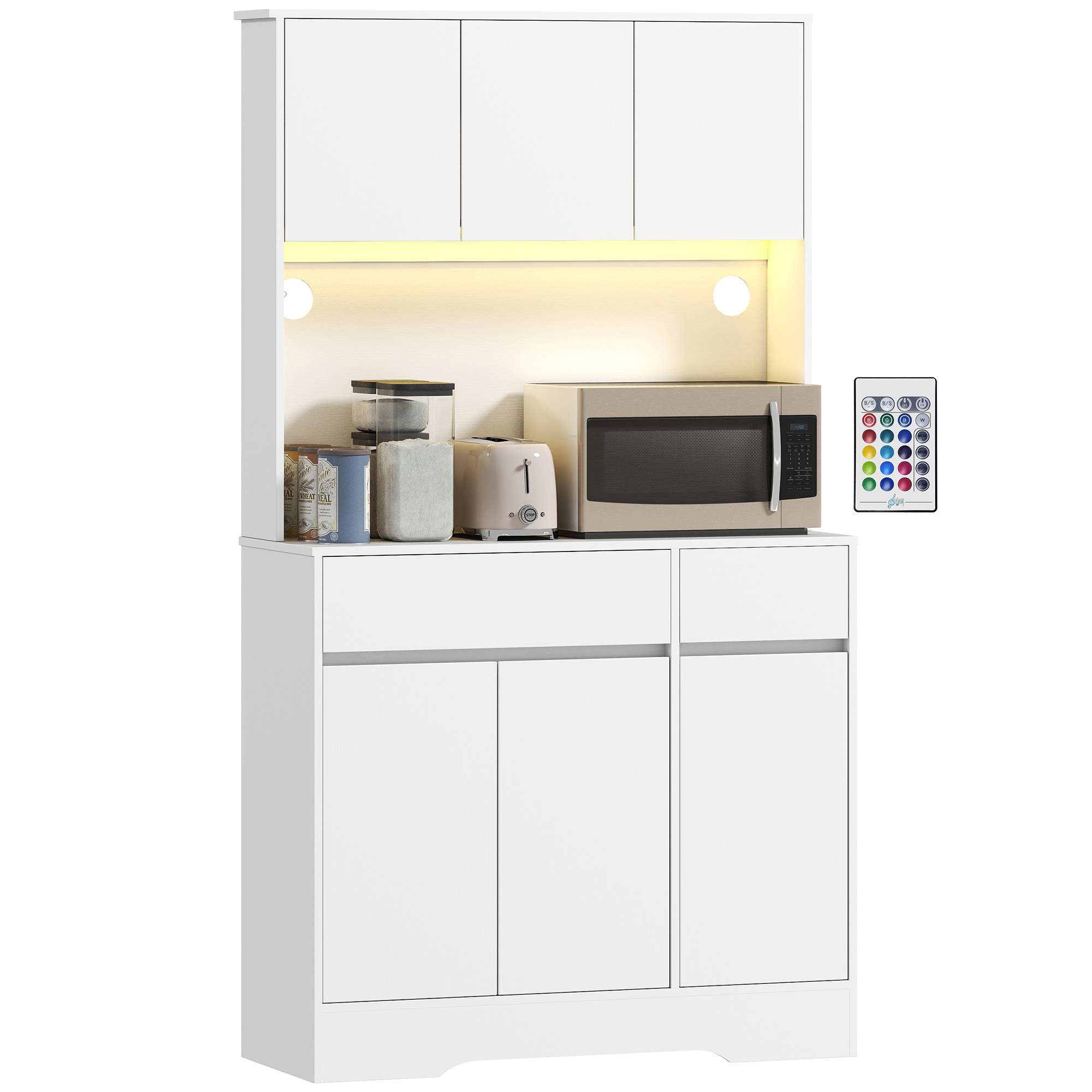 HOMCOM Bufet de bucătărie mobilier de bucătărie înălțat cu lumină LED RGB, blat de lucru, 6 uși, 2 sertare, alb | Aosom Romania