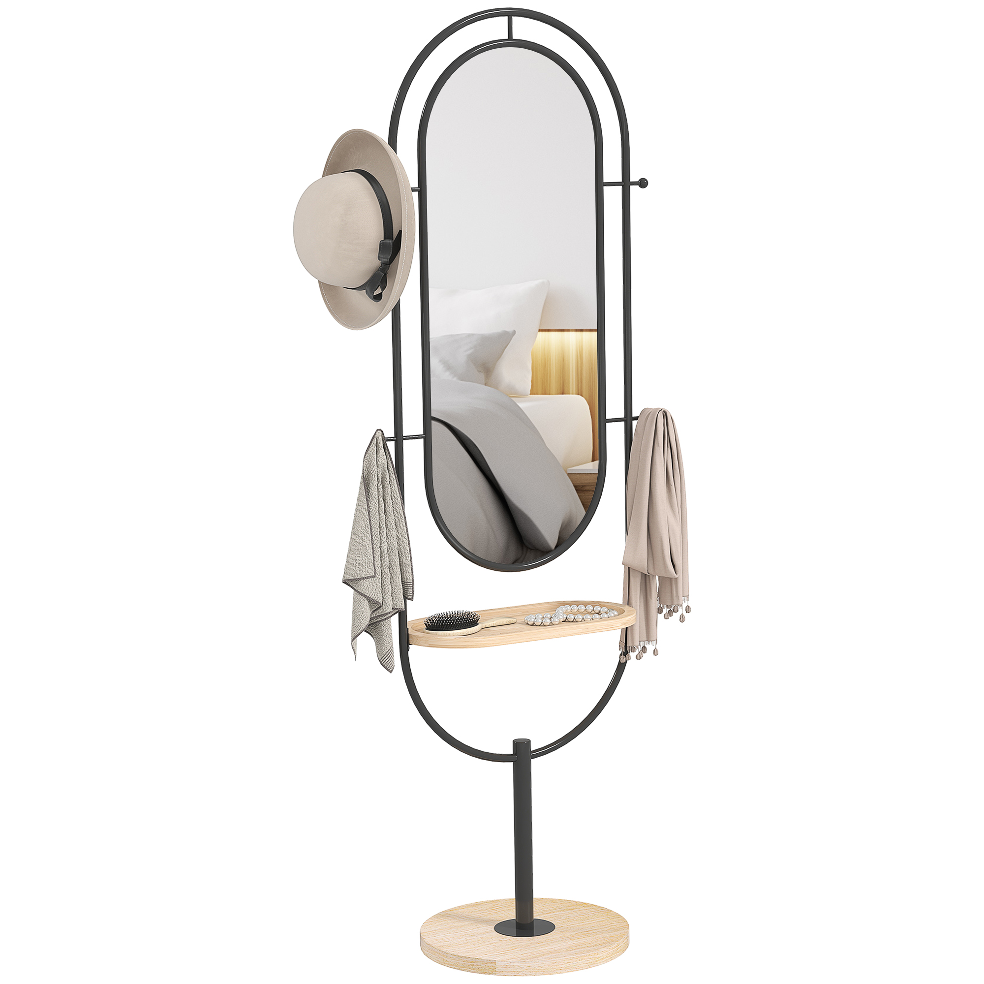 HOMCOM Oglindă de tip stand ovală cu suport de lemn, 4 cârlige și cadru metalic, 50 x 40 x 175,5 cm, negru | Aosom Romania