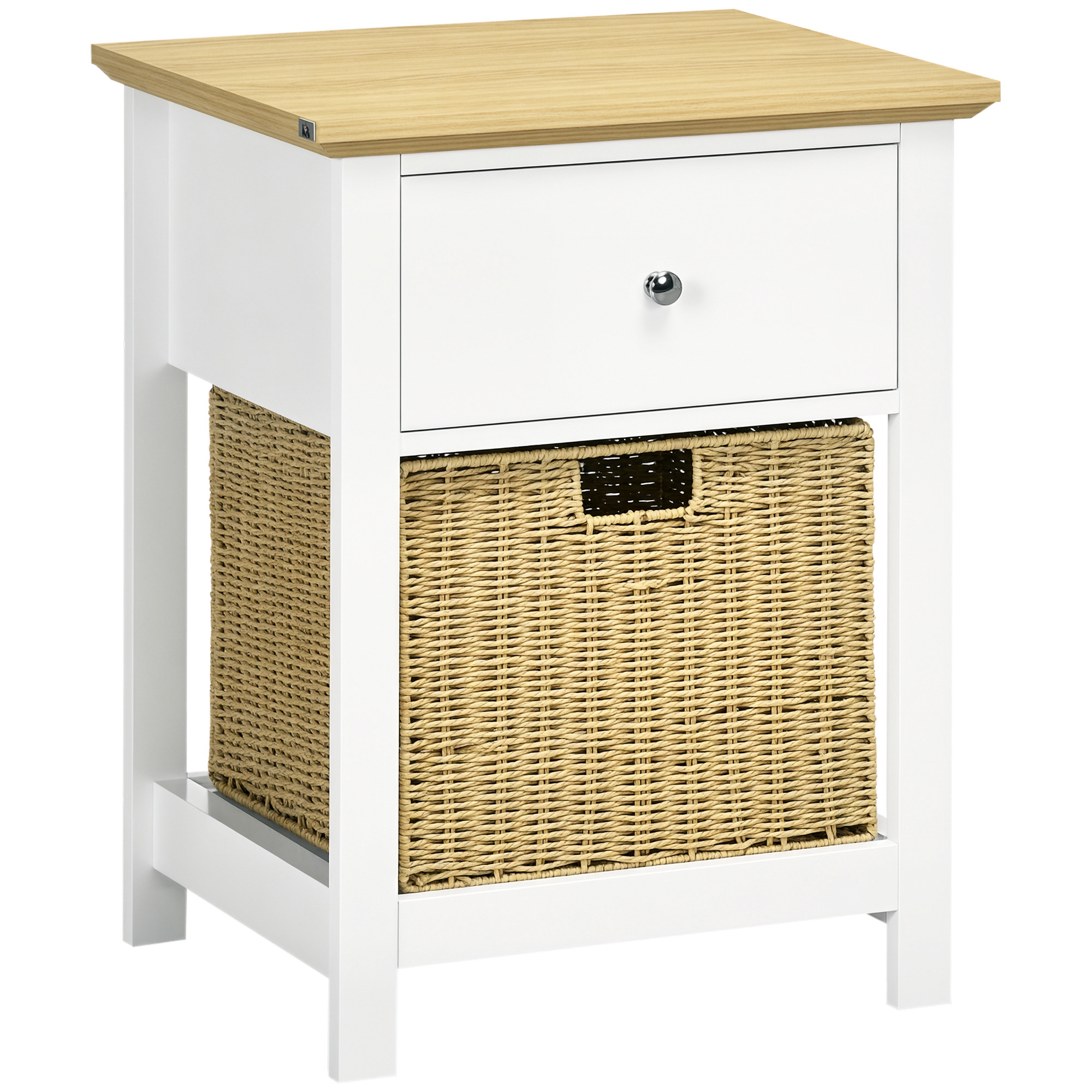 HOMCOM Masă de Noapte cu Sertar și Coș din Răchită Pliabil Masă Auxiliară pentru Sufragerie Dormitor 49x39x64 cm Alb și Natural | Aosom Romania