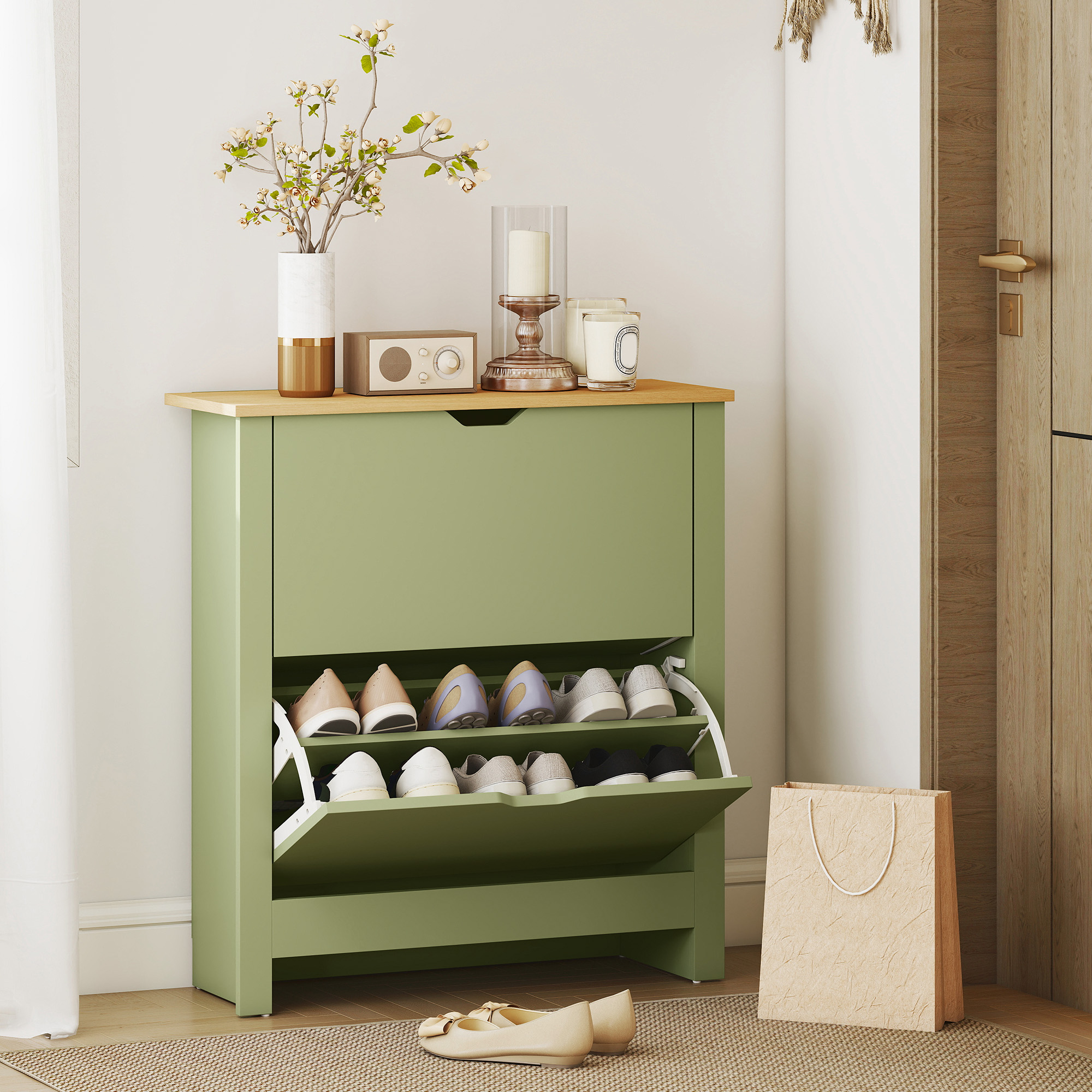 HOMCOM Slim Shoe Cabinet, Narrow Shoe Cupboard with 2 Flip Drawers, Adjustable Shelves for 12 Pairs of Shoes, Green 8