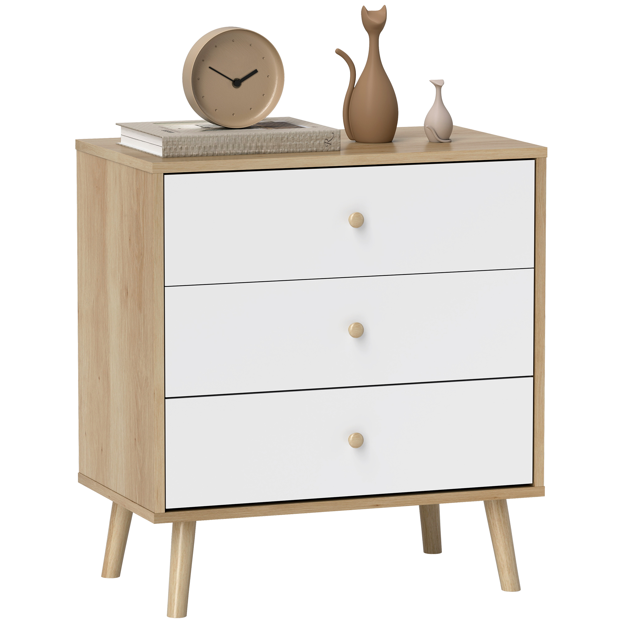 HOMCOM Comodă 3 sertare mobilier de depozitare stil modern pentru dormitor, living - 60 x 35 x 65 cm, stejar | Aosom Romania