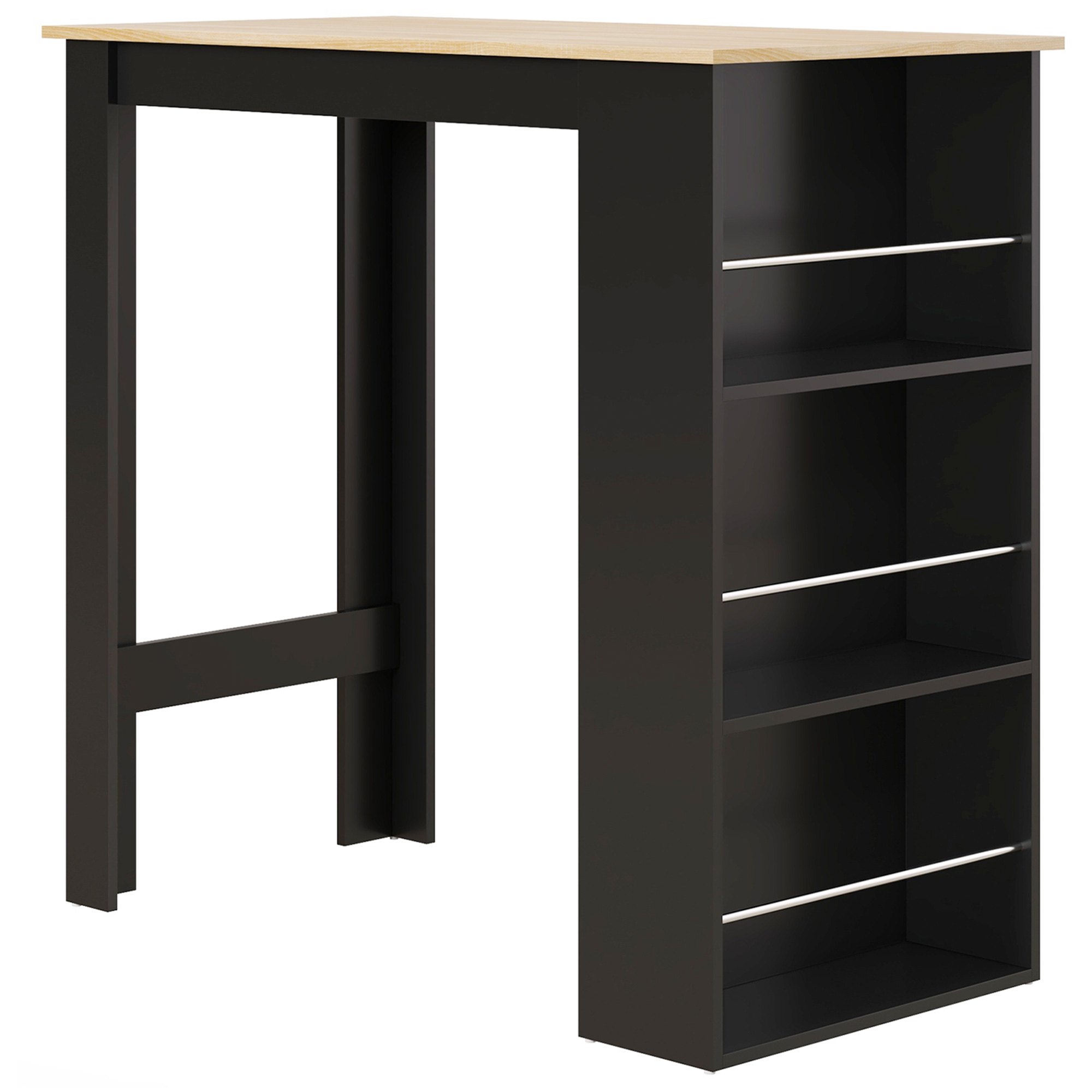 HOMCOM Mesa Alta de Bar Mesa de Cocina con 3 Estantes Marco de Madera Estilo Moderno 112x57x106 cm Negro y Natural