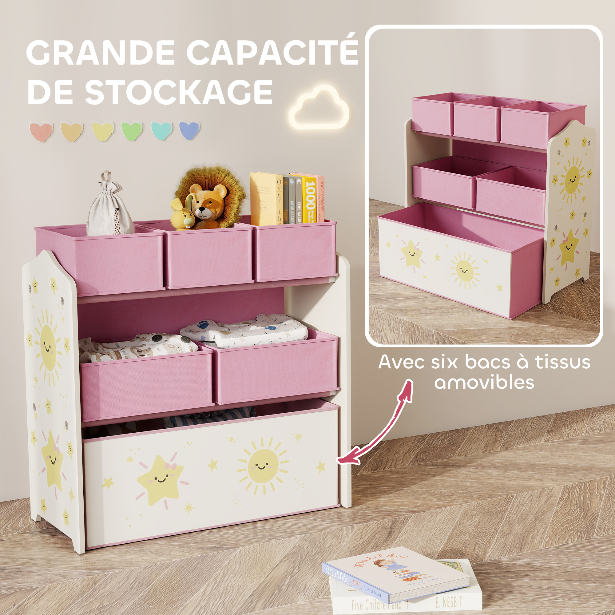 AIYAPLAY Bibliothèque Enfants, Meuble de Rangement Enfants, 3 Niveaux avec Deux tiroirs, Forme de Maison, pour Chambres d'enfants, Chambre à Coucher, 63,7 x 29,7 x 89,5 cm, Blanc