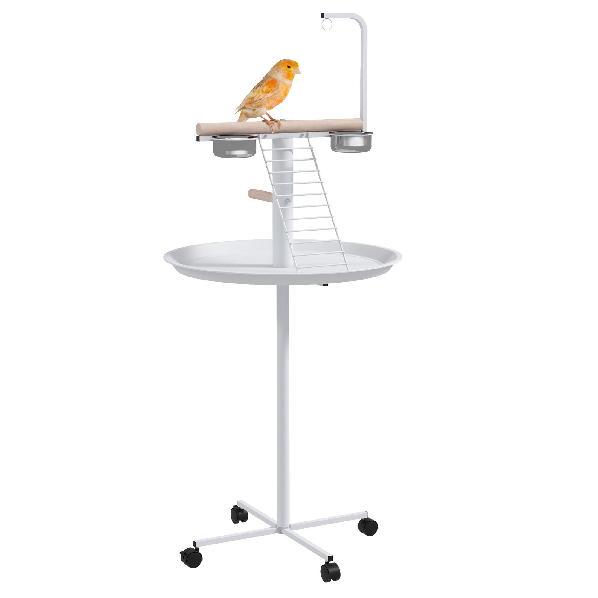 PawHut Manoniera pentru păsări pe suport cu 4 role perche 2 bols detasabile tava rotundă din oțel inoxidabil Ø 60 x 138A cm alb | Aosom Romania