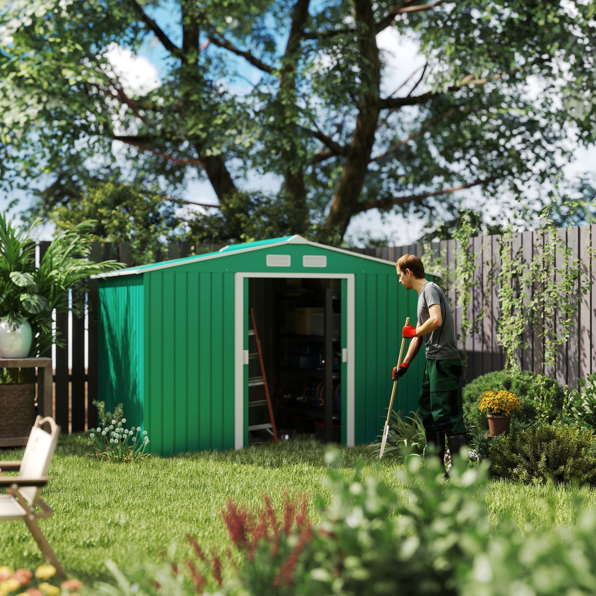  Casuta pentru unelte de gradina din metal, Magazie depozitare scule gradina, verde, 277×191×192 cm [1]