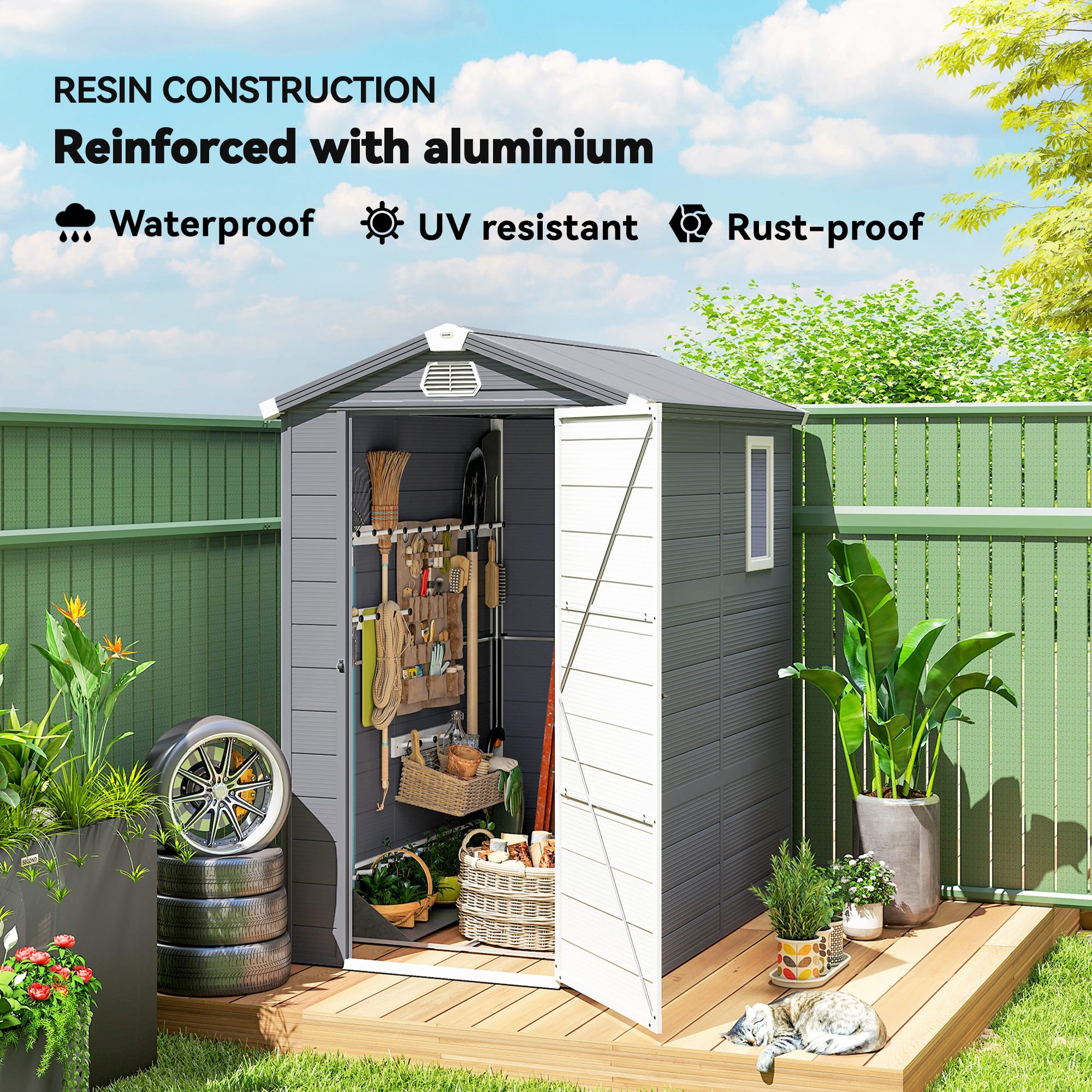 Outsunny 4.4ft x 6.2ft Aluminium Frame and Plastic Wall Shed, with Foundation Grey 5
