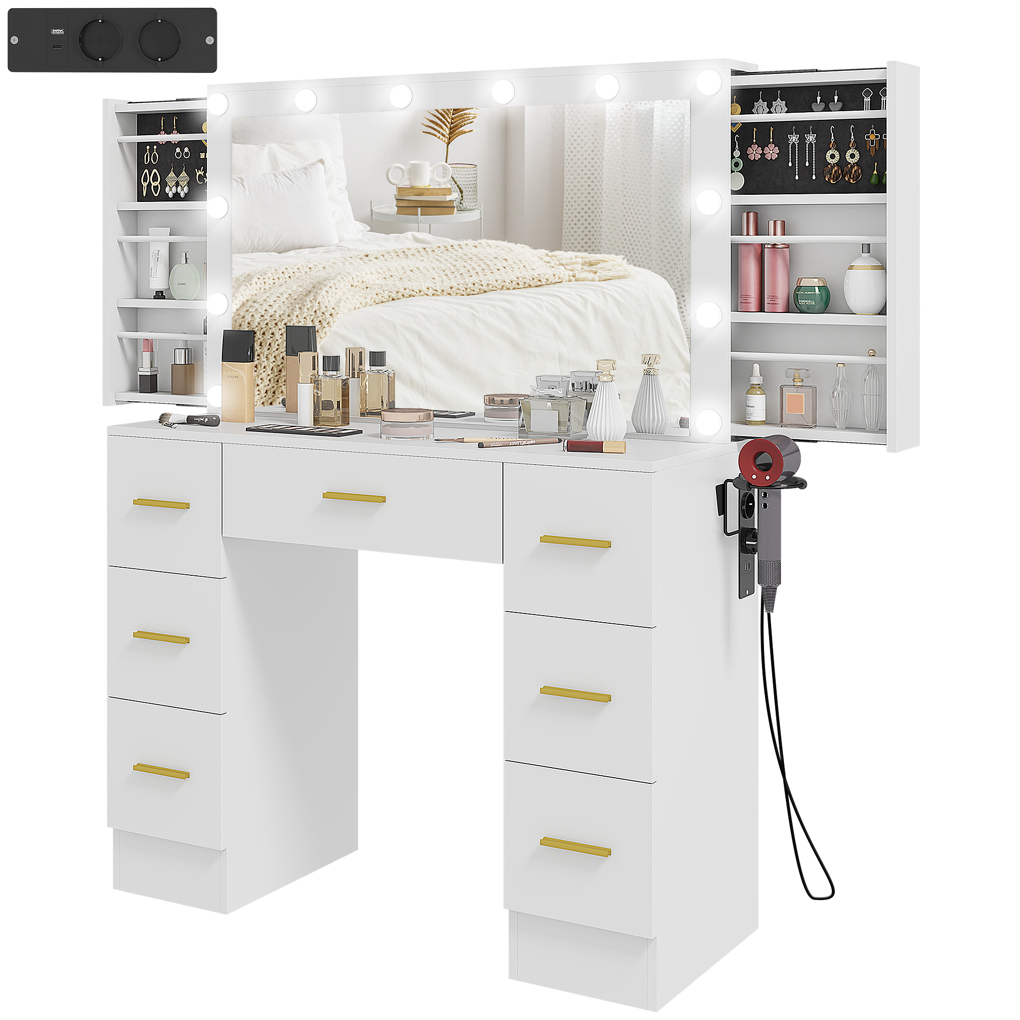 HOMCOM Tocator cu oglinda si 12 lumini LED, Tocatoare cu 7 sertare, 6 rafturi ascunse, PAL, Alb | Aosom Romania