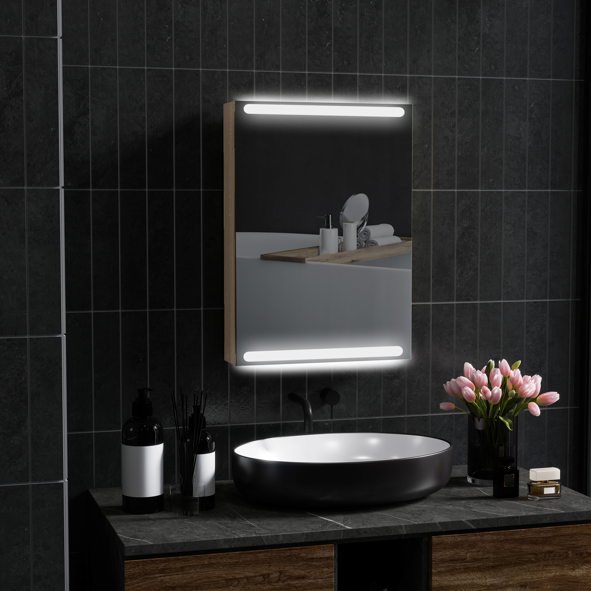 HOMCOM Dulap cu oglindă pentru baie cu lumini LED și rafturi din sticlă reglabile, montat pe perete 50x12,5x70cm, lemn natural | Aosom Romania