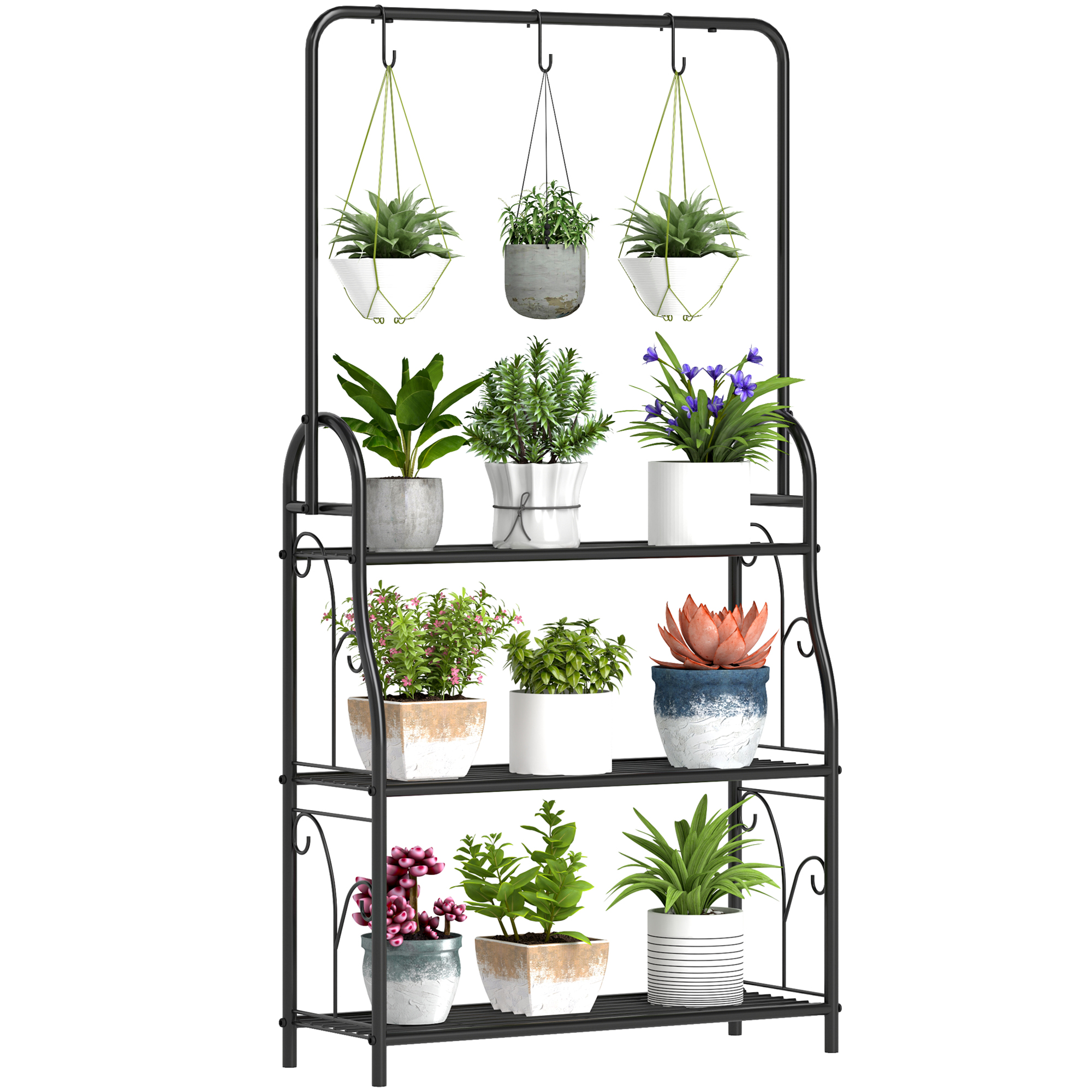 Outsunny Etagere à fleurs 3 niveaux suport de plante pentru interior și exterior din metal 3 cârlige 75 x 25 x 137 cm negru | Aosom Romania