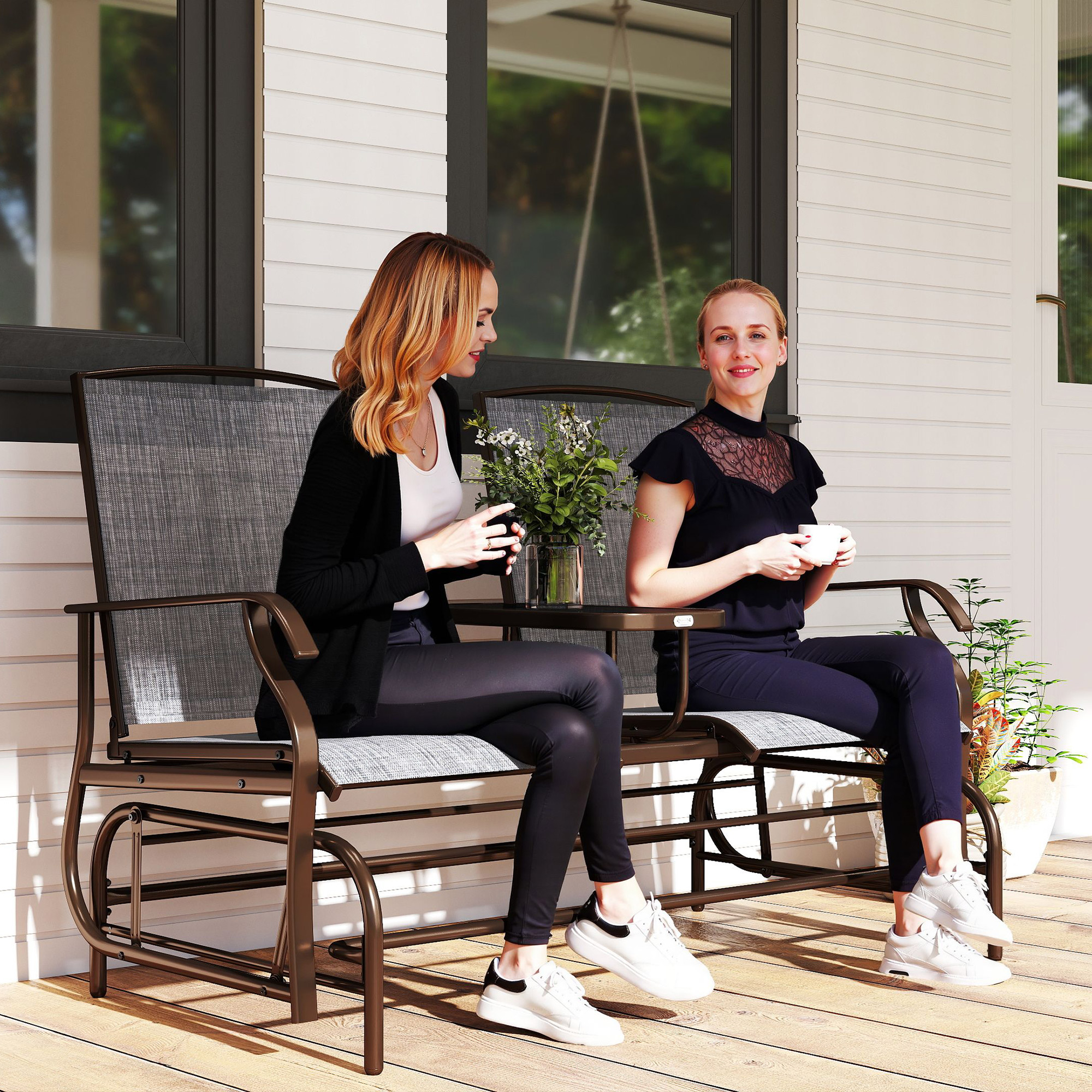 Outsunny swing bench 3-seater garden bench garden swing bench park bench metal garden furniture black 151 x 75 x 85 cm