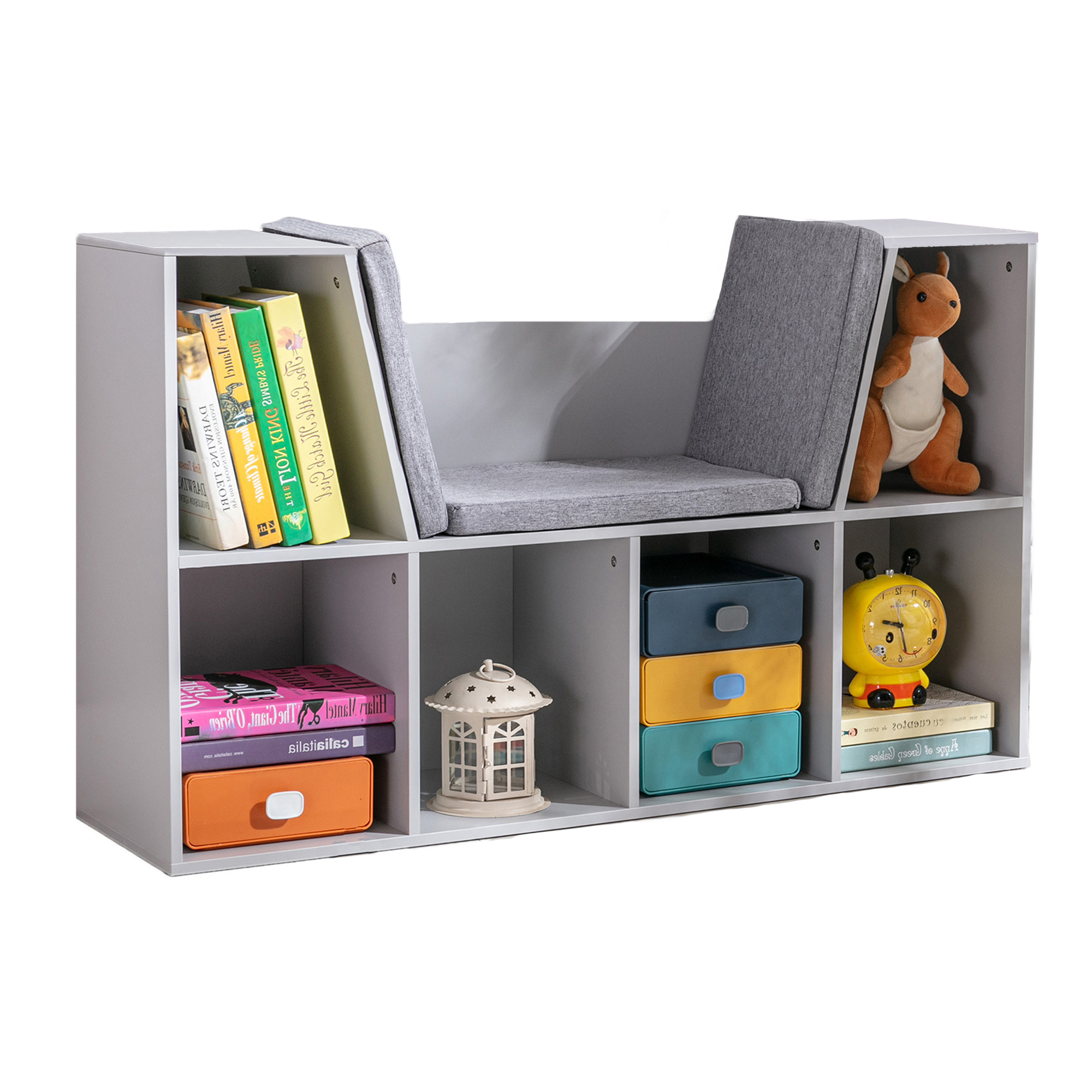 HOMCOM 2 în 1 raft pentru copii Raft + Bancă cu pernă 103 cm × 30 cm × 62 cm Alb + Gri | Aosom Romania