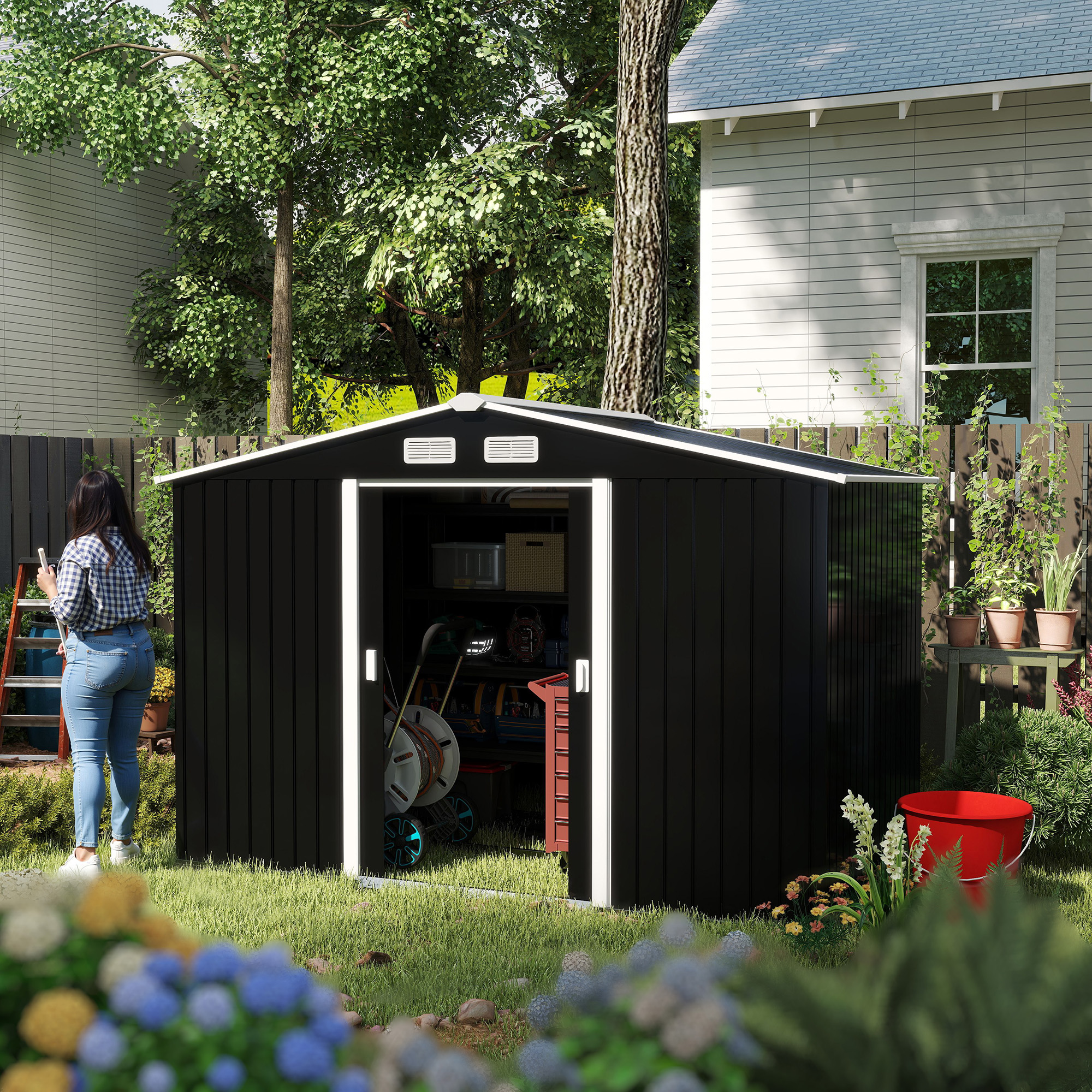  Sopron de Gradina cu Usi Duble Glisante din Tabla de Otel, 277x195x192cm, Gri [1]