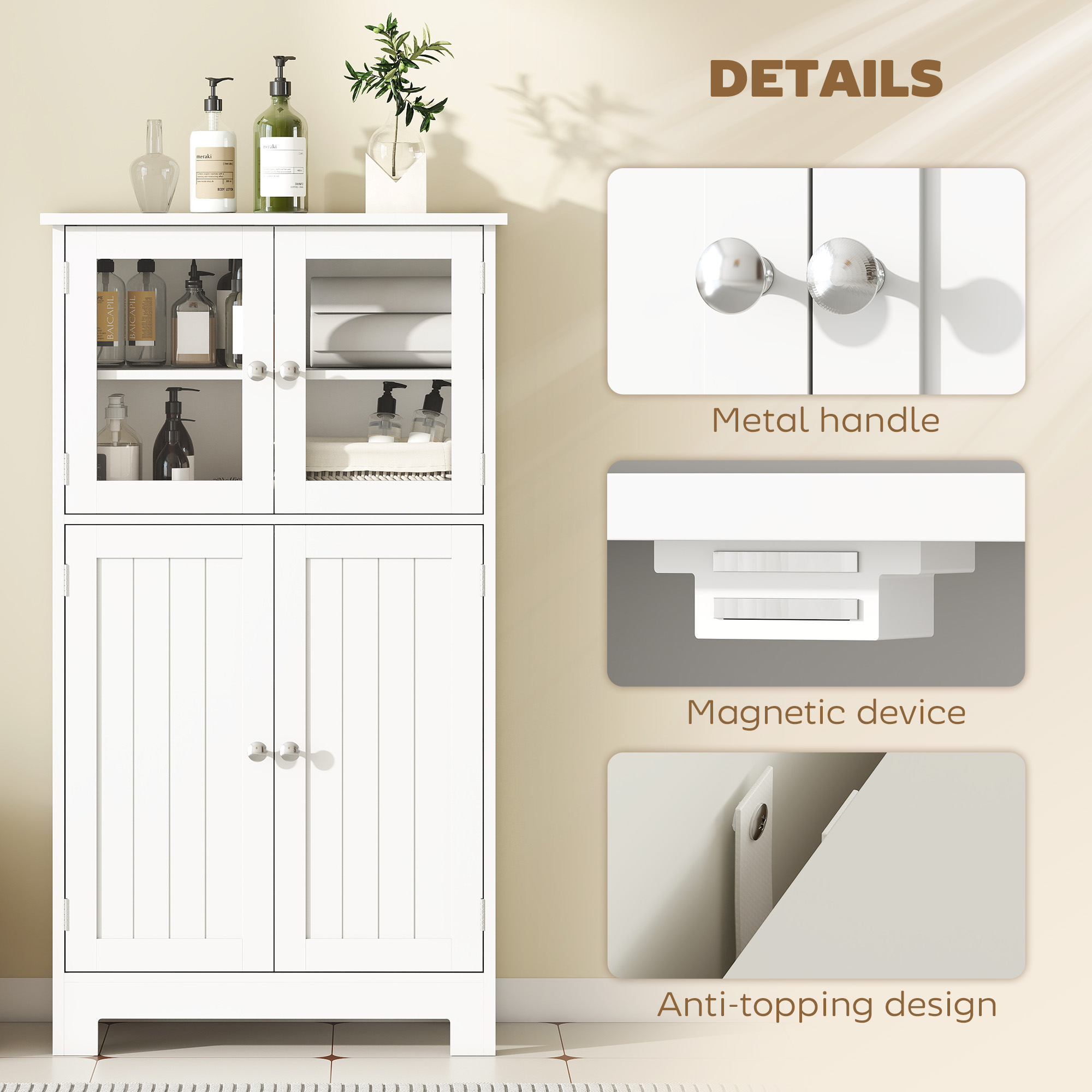 kleankin Bathroom Floor Cabinet, Freestanding Kitchen Cupboard with 2 Drawers, Adjustable Shelves and Tempered Glass Door, Wooden  Storage Unit for Living Room Kitchen Hallway 6