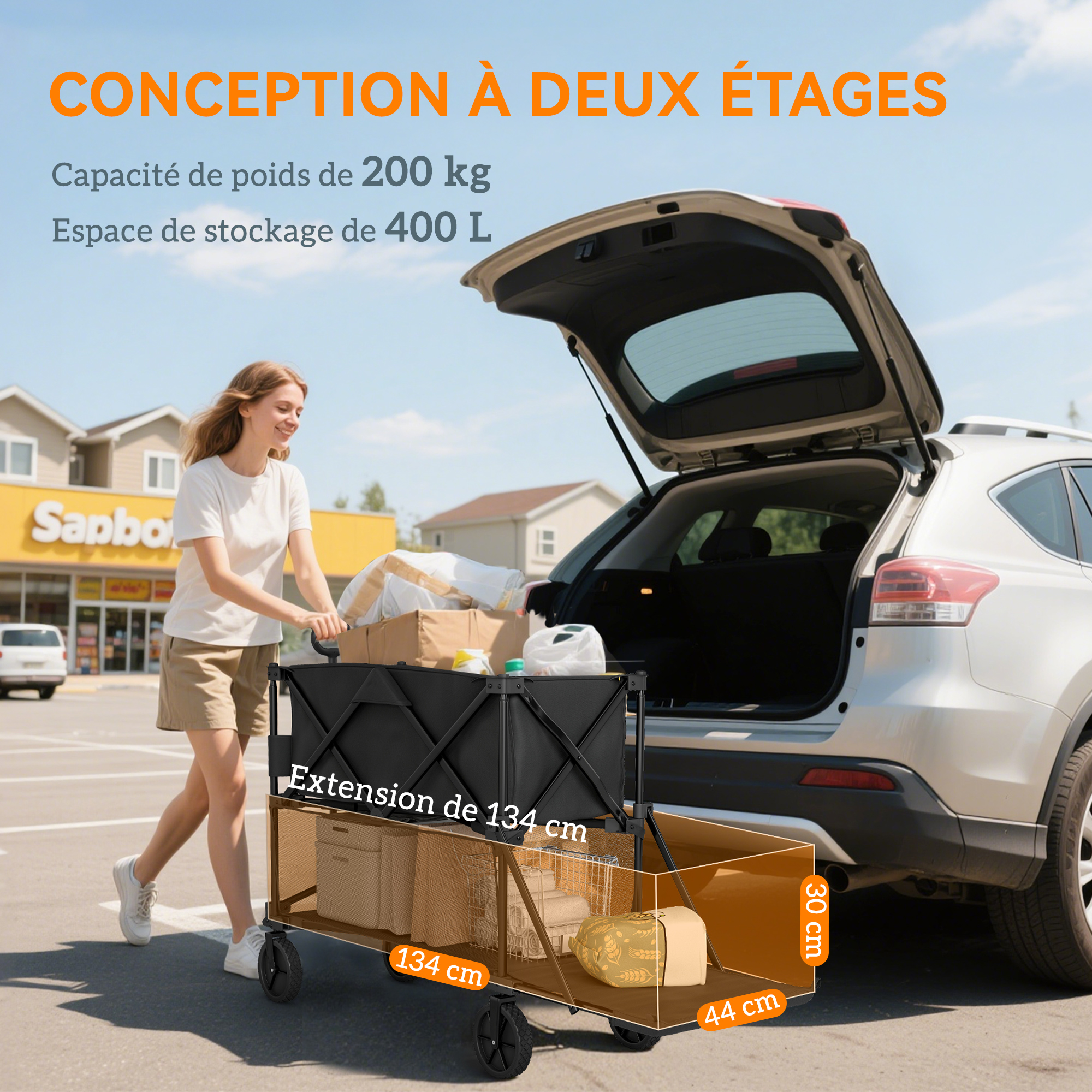 Outsunny Chariot Pliable 90 L – Charge 68 Kg, Roues 360° Avec Freins, Poignée Télescopique, Idéal Camping & Plage