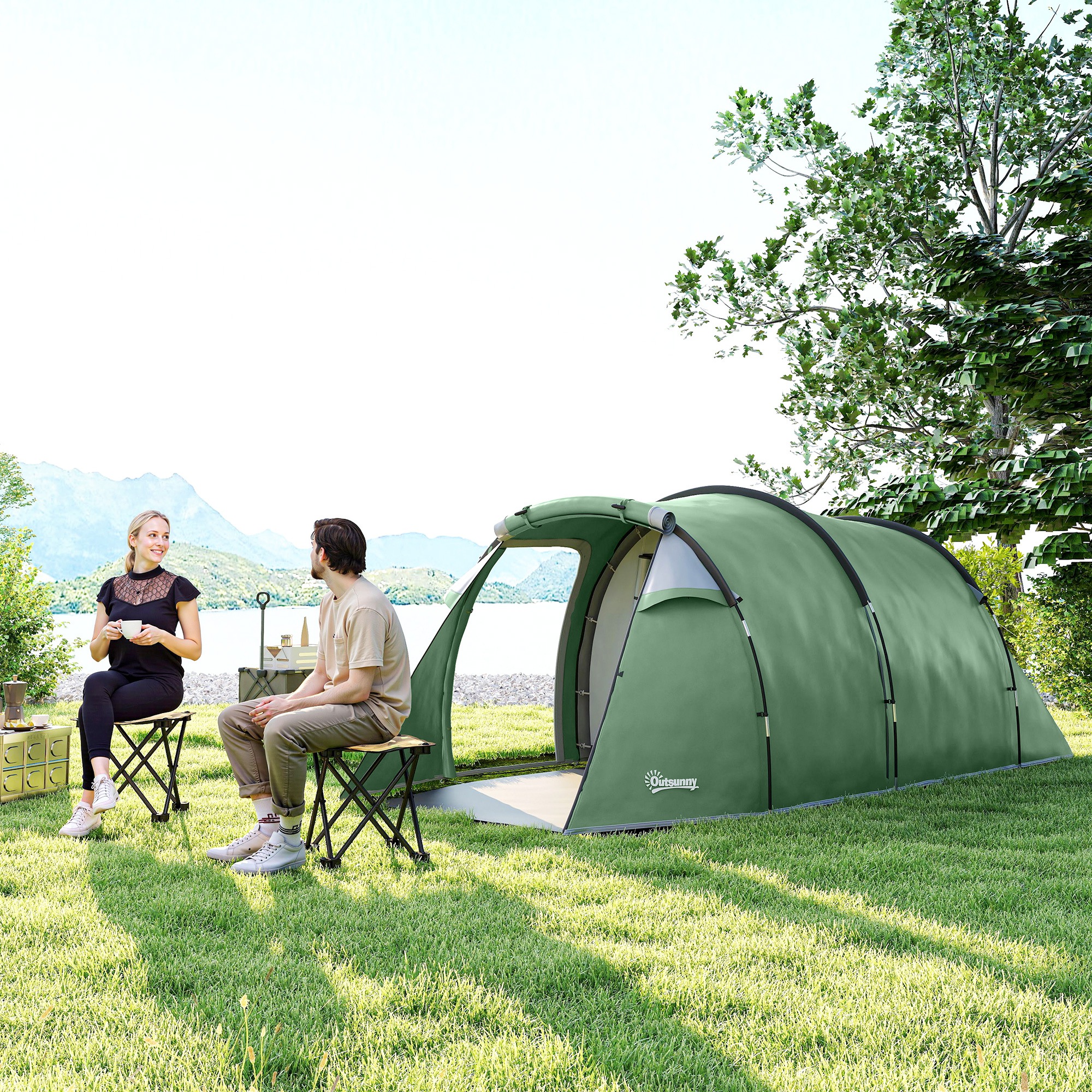 Outsunny Tunneltent, 2000 mm waterafstotend kampeertent voor 4-6 personen, met 2 slaapkamers leefruimte draagtas Grijs Blauw | Netherlands