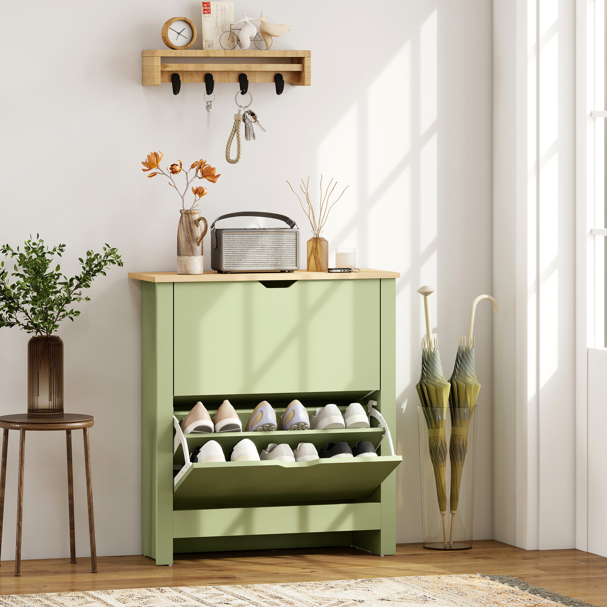 HOMCOM Slim Shoe Cabinet, Narrow Shoe Cupboard with 2 Flip Drawers, Adjustable Shelves for 12 Pairs of Shoes, Green 2