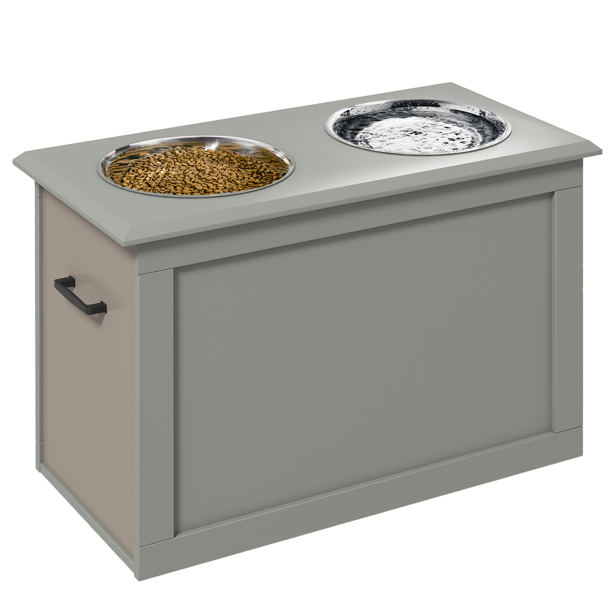 PawHut Boluri ridicate pentru câini bol dublu câine pisică Suport pentru boluri ridicat dim. 60L x 30W x 41H cm 2 boluri 2L mânere compartiment lemn gri | Aosom Romania