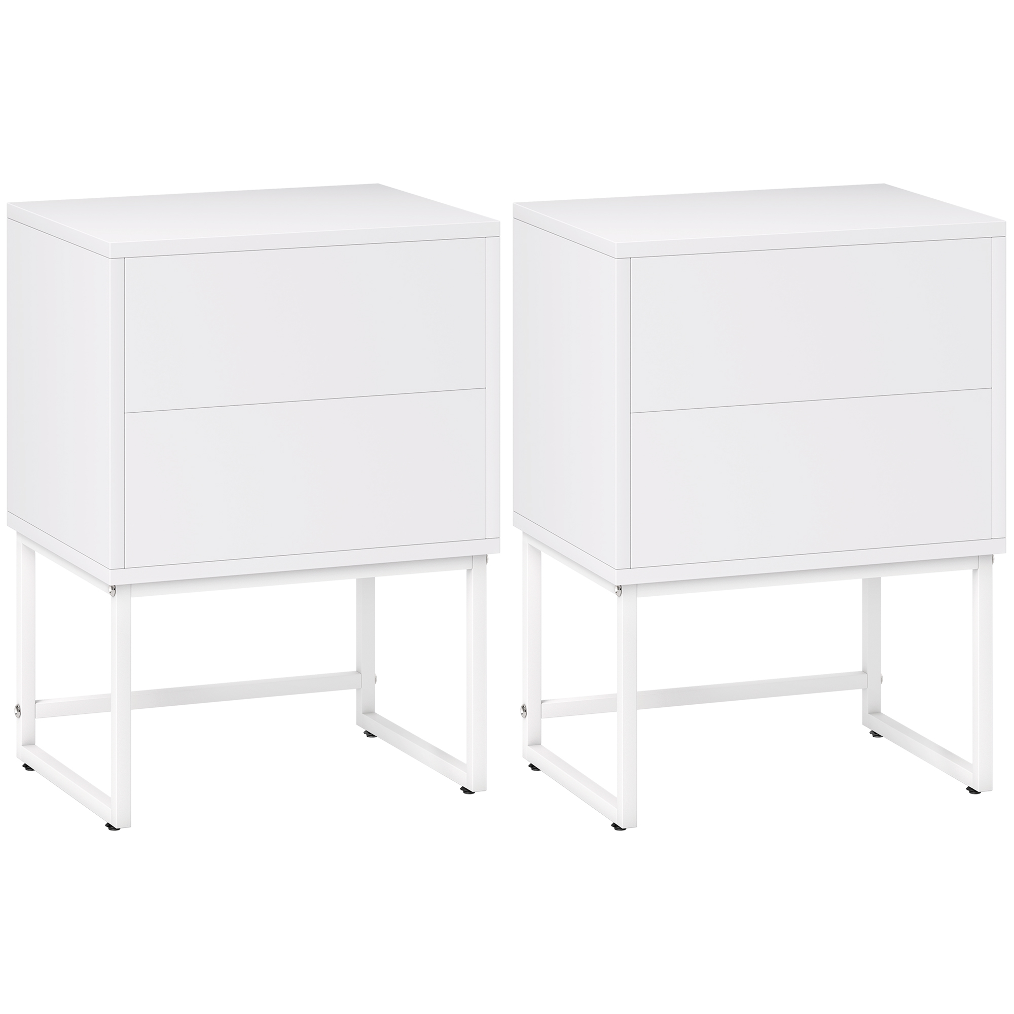 HOMCOM Set de 2 Noptiere Înguste cu 2 Sertare Deschidere la Presiune și Picioare din Oțel 40x30x55 cm Alb | Aosom Romania