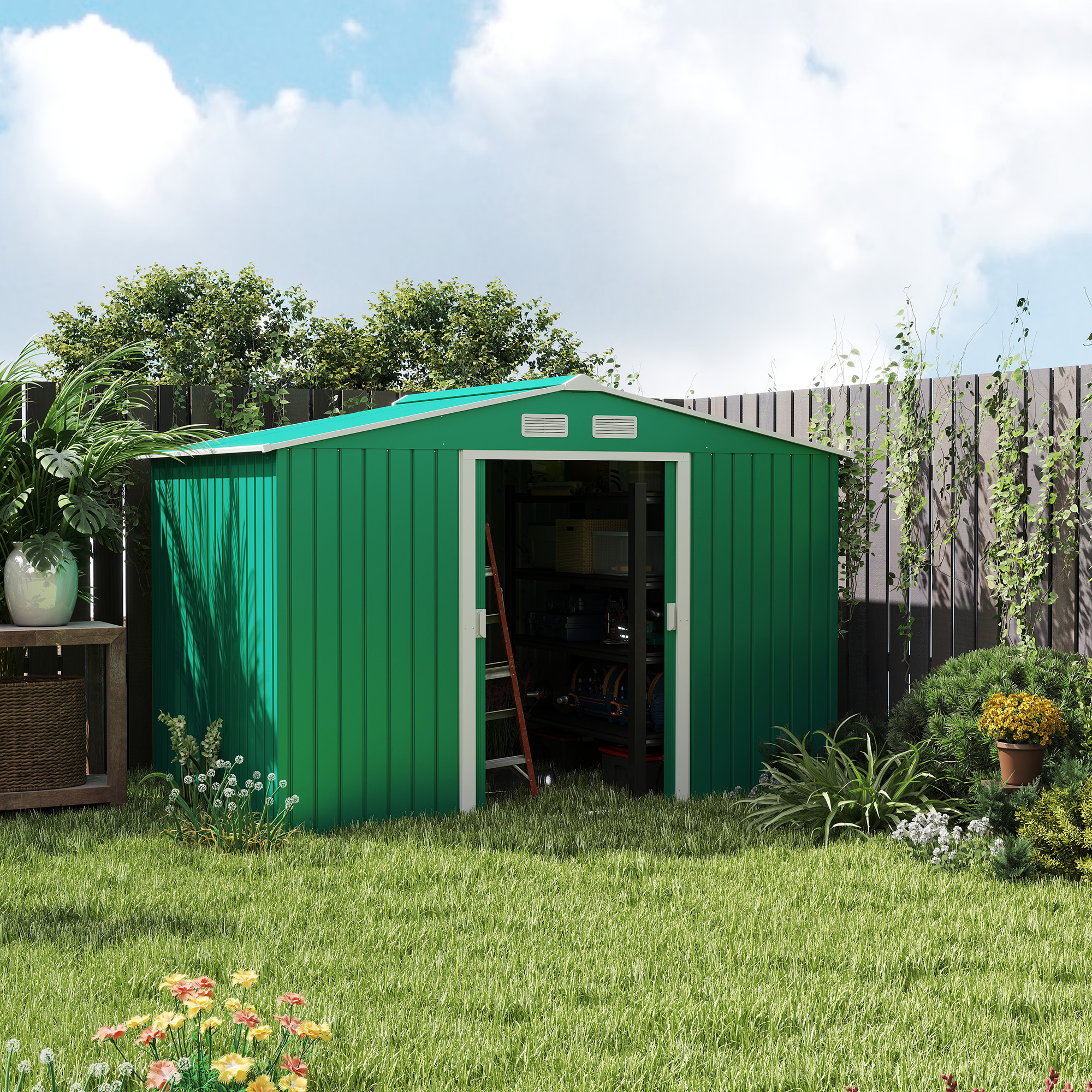  Casuta pentru unelte de gradina din metal, Magazie depozitare scule gradina, verde, 277×191×192 cm [2]