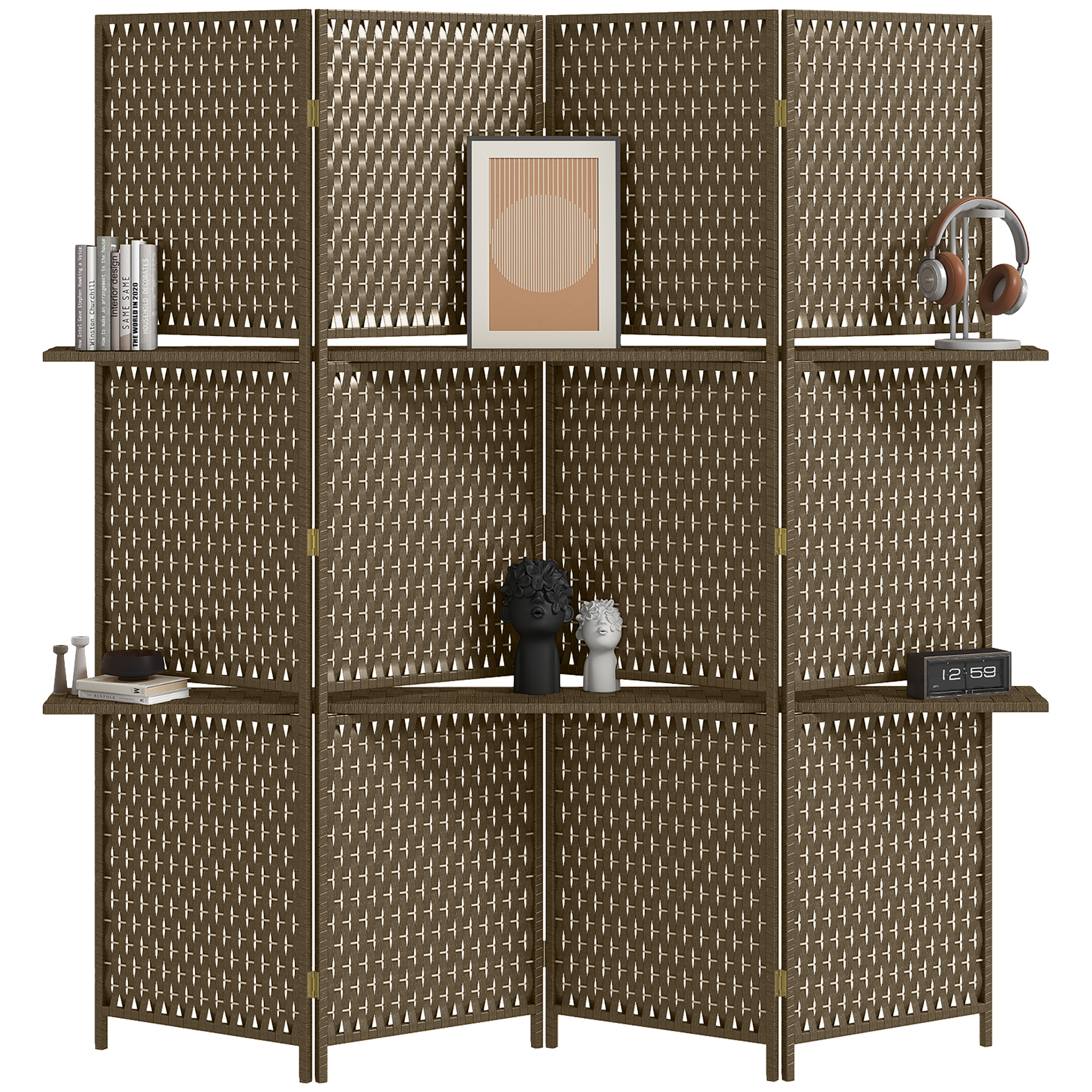 HOMCOM Paravan interior separator de încăpere 4 panouri 2 rafturi lemn de pin țesut cu fibre de hârtie 181 x 180 cm maro | Aosom Romania