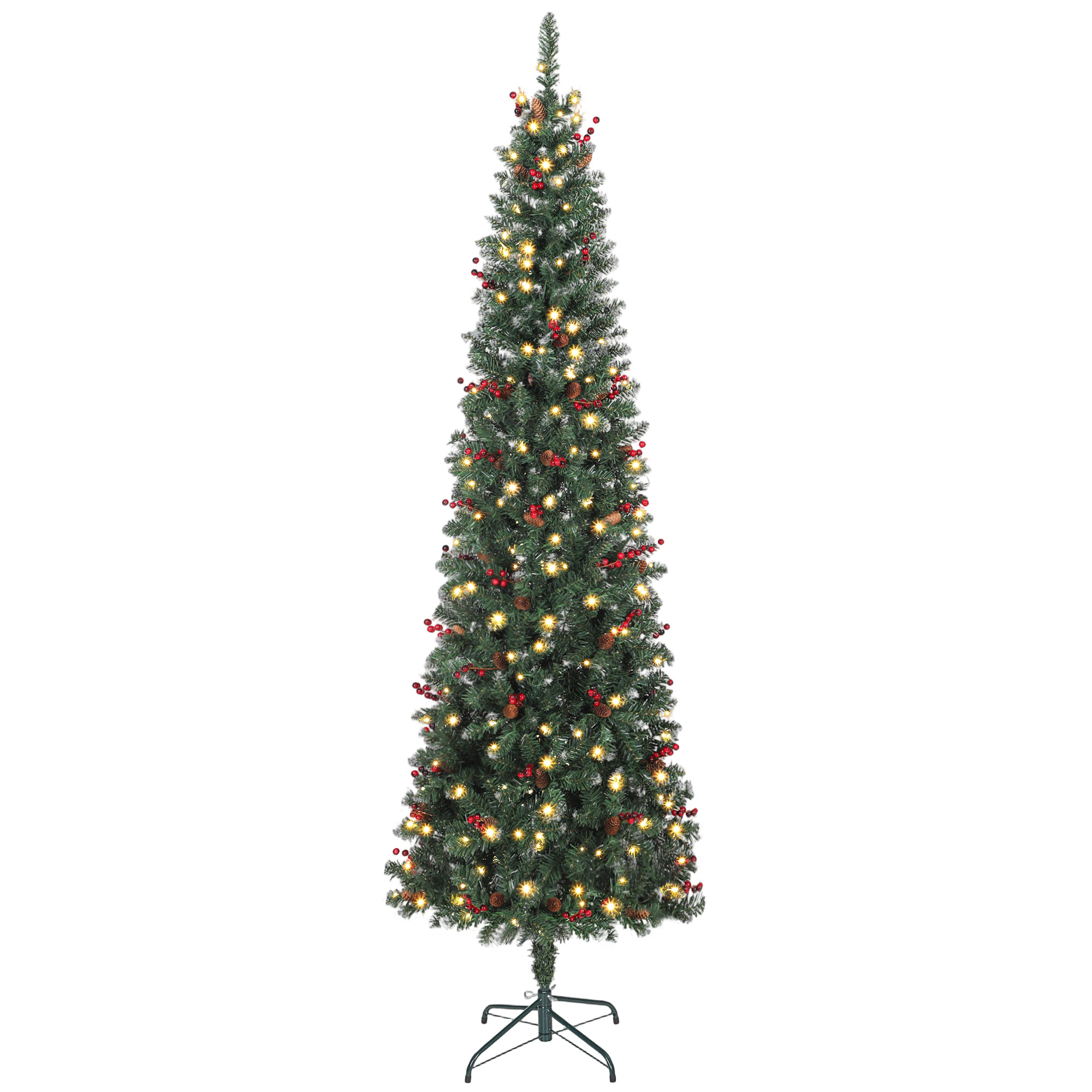 HOMCOM Árbol de Navidad Artificial Estrecho 230 cm con Luces LED 8 Modos de Iluminación 761 Ramas Piñas Bayas y Soporte Verde