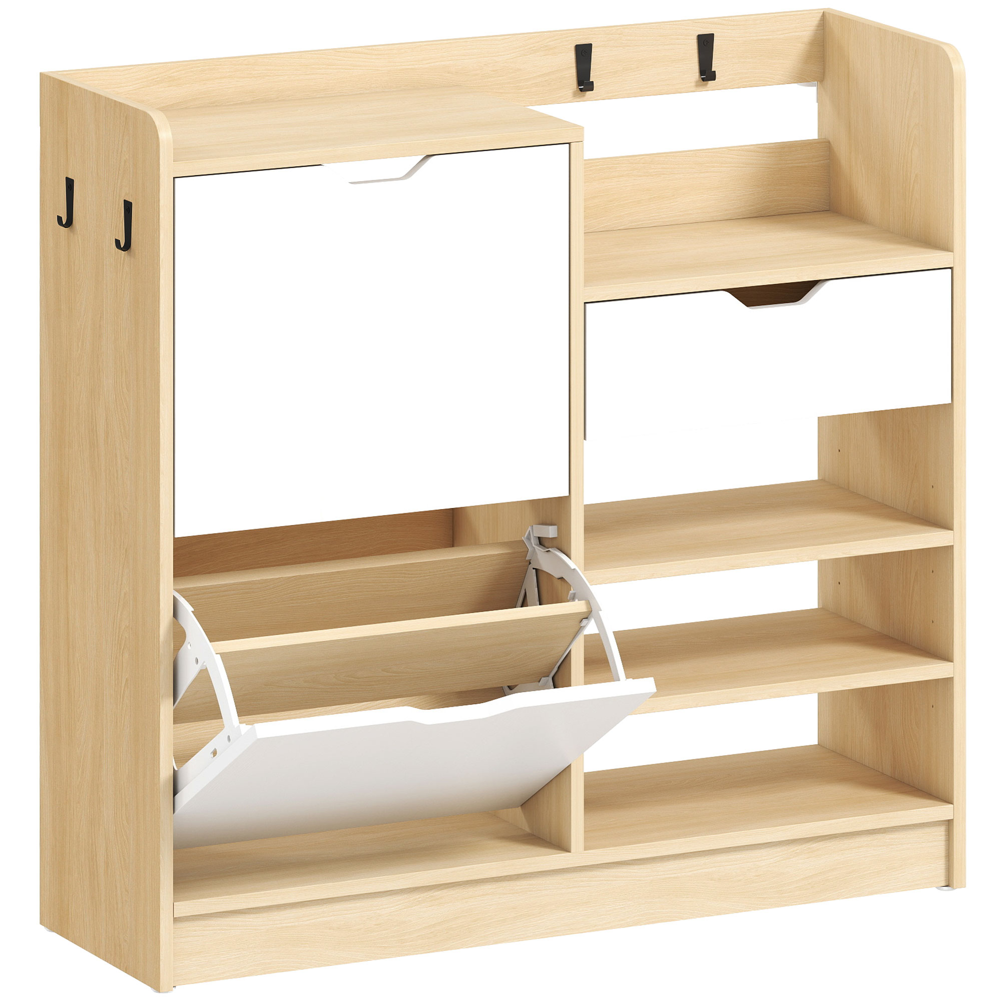 HOMCOM Zapatero Entrada Recibidor con Cajón Estantes Abiertos 4 Ganchos para 14 Pares de Zapatos Natural y Blanco